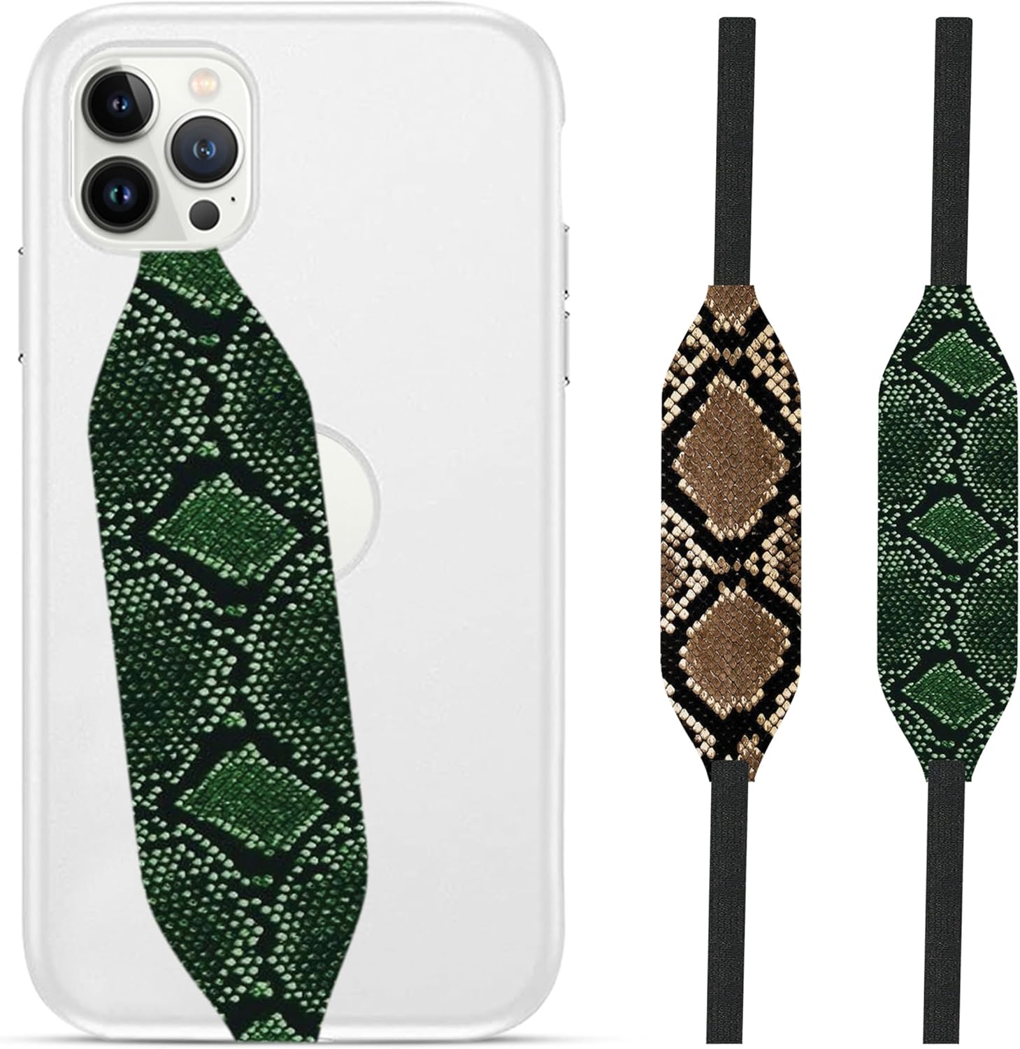 Phone Grip Strap - Reversible Finger Holder for Phone Back, Customizable Anti-Slip Design, Wireless Charging Compatible Detachable Holder for iPhone - Brown & Green Snake Skin