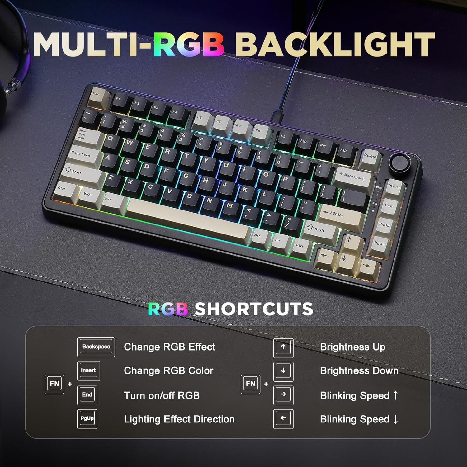 YUNZII B75 Mechanical Keyboard,75% Layout with Knob,Hot Swappable RGB Backlit Gasket Mounted, Creamy Typing, Double-Shot PBT Keycaps,Cherry Profile,for Win/Mac (Black, Blue Grey Tactile Switch)