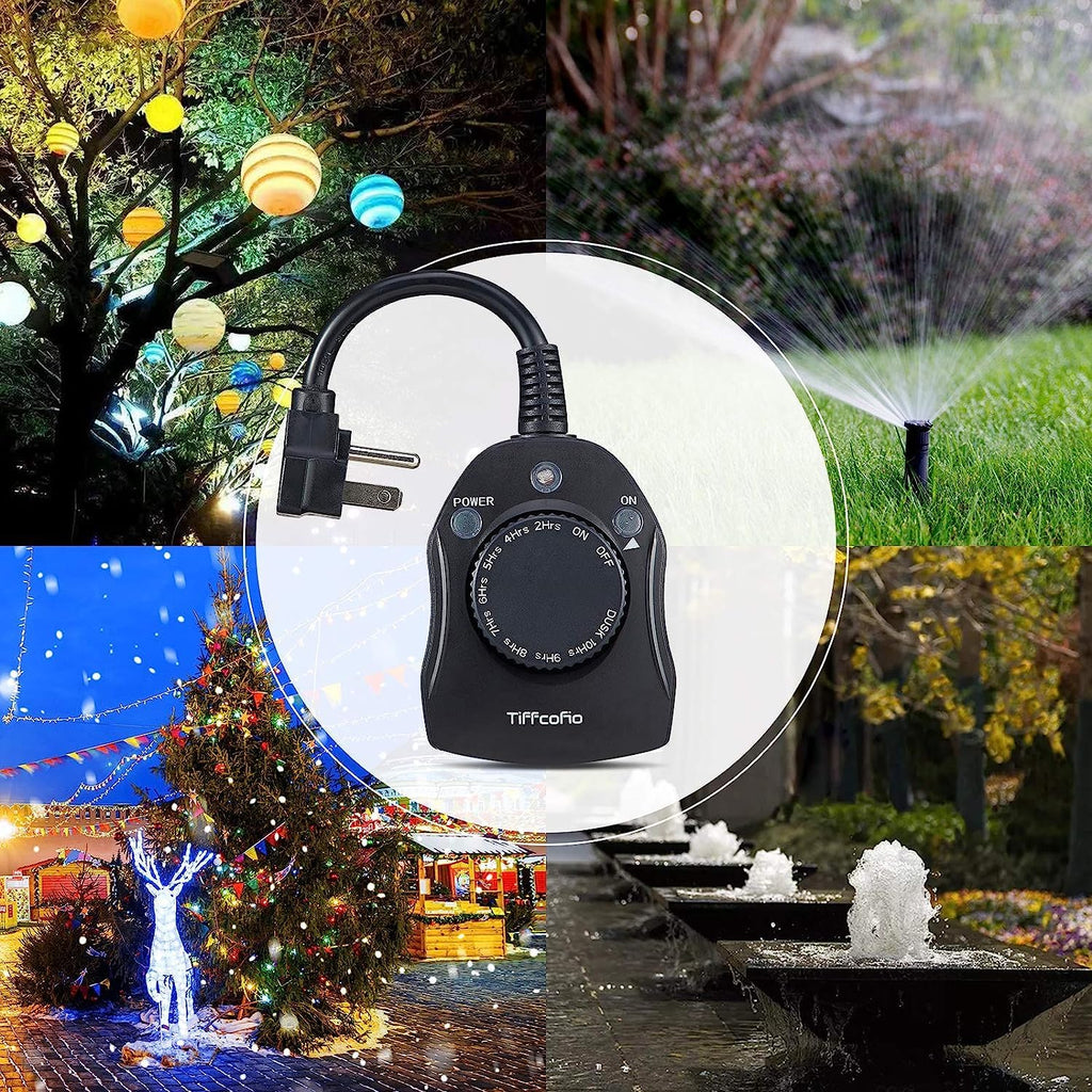 TiFFCOFiO Outdoor Christmas Light Timer, Dusk to Dawn Sensor Countdown, Outdoor Timers for Electrical Outlets Waterproof, 2 Grounded Outlets for Christmas Lights, 15A 1/2HP, CSA Listed (2 Pack)