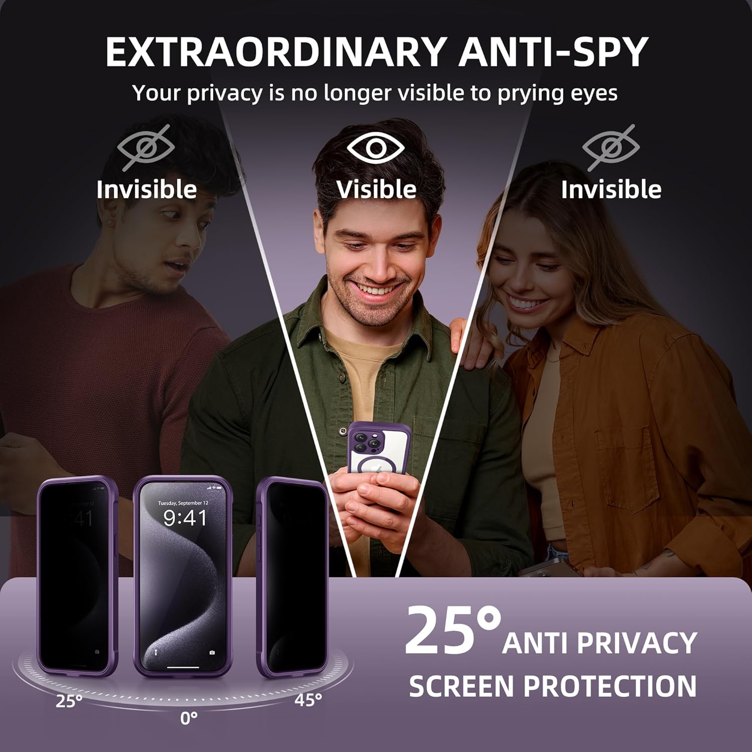 Magnetic for iPhone 15 Pro Max Case, Compatible with MagSafe, Built-in Privacy Screen Protector and Camera Protection, Anti Spy Full Body Dustproof Shockproof Hard Phone Case 6.7", Purple
