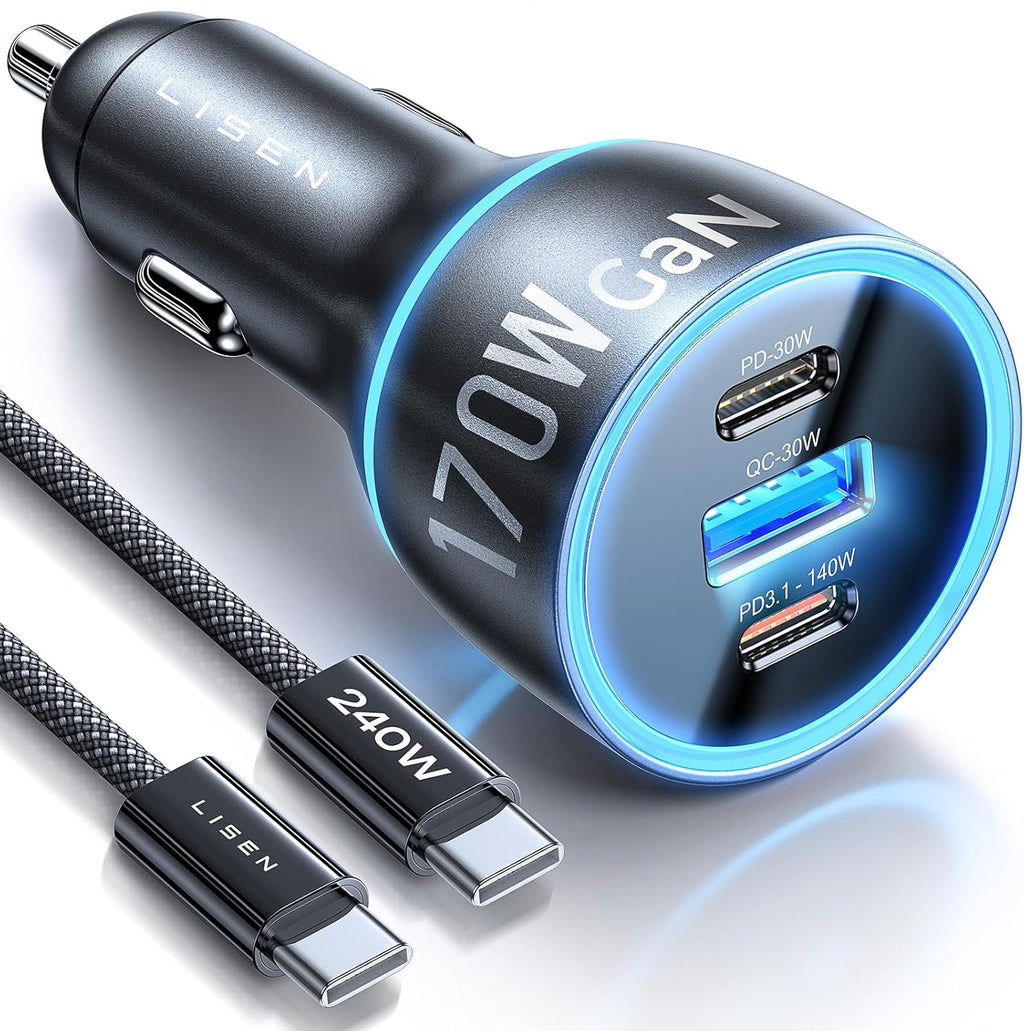 LISEN 170W Car Charger USB C Fast Charging for iPhone 16 Pro Max GaN PD3.1 140W+PD30W Cigarette Lighter Adapter Super Fast Car Charger Type C for Laptop Samsung Galaxy S25 Ultra MacBook Pro iPad Drone