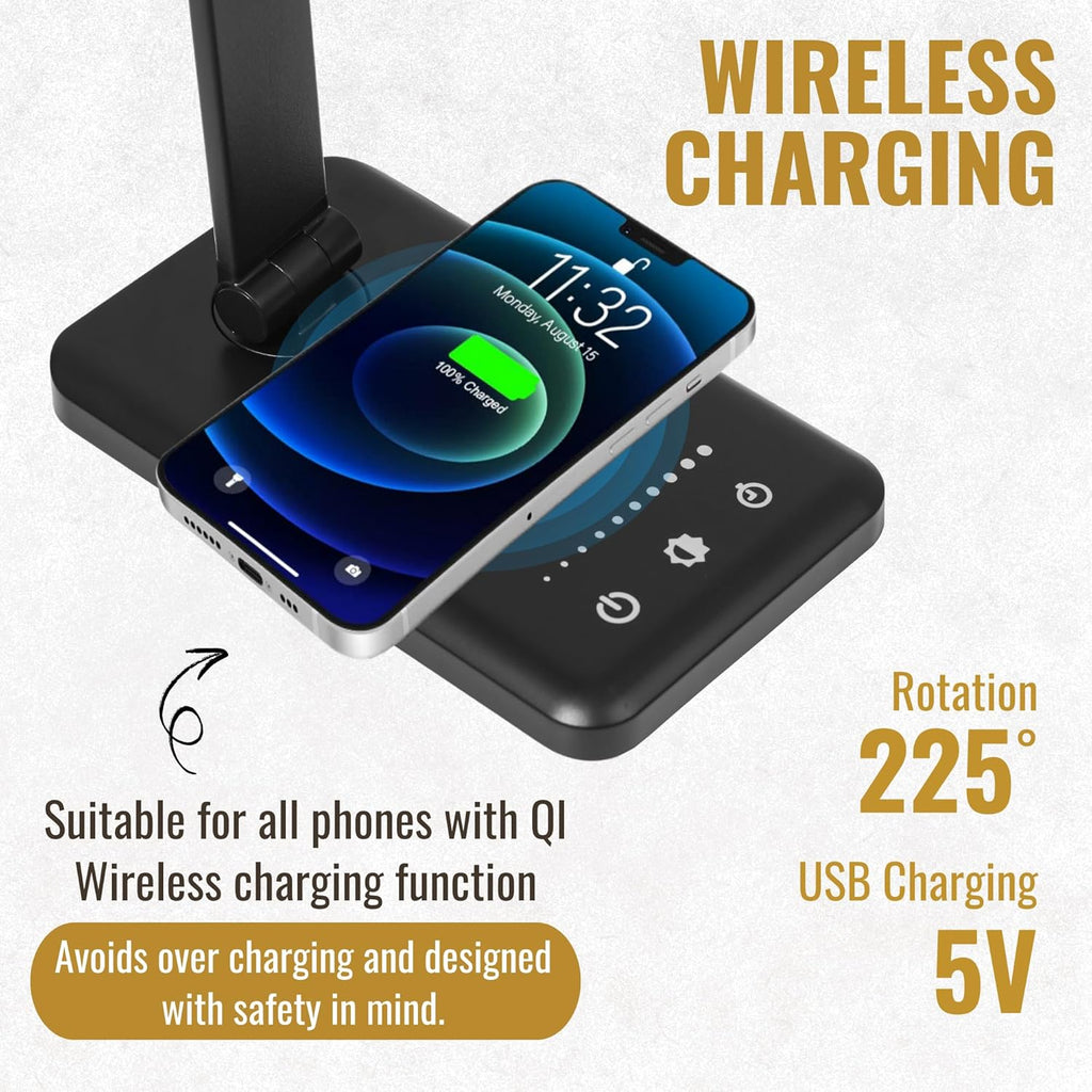 LED Desk Lamp with Wireless Charger – Touch Control Dorm Desk Lamp with USB Charging Station, 3 Color Modes & 5 Brightness Levels, Ideal for Home, Office, Bedroom, Study Area, & College Dorm, Black