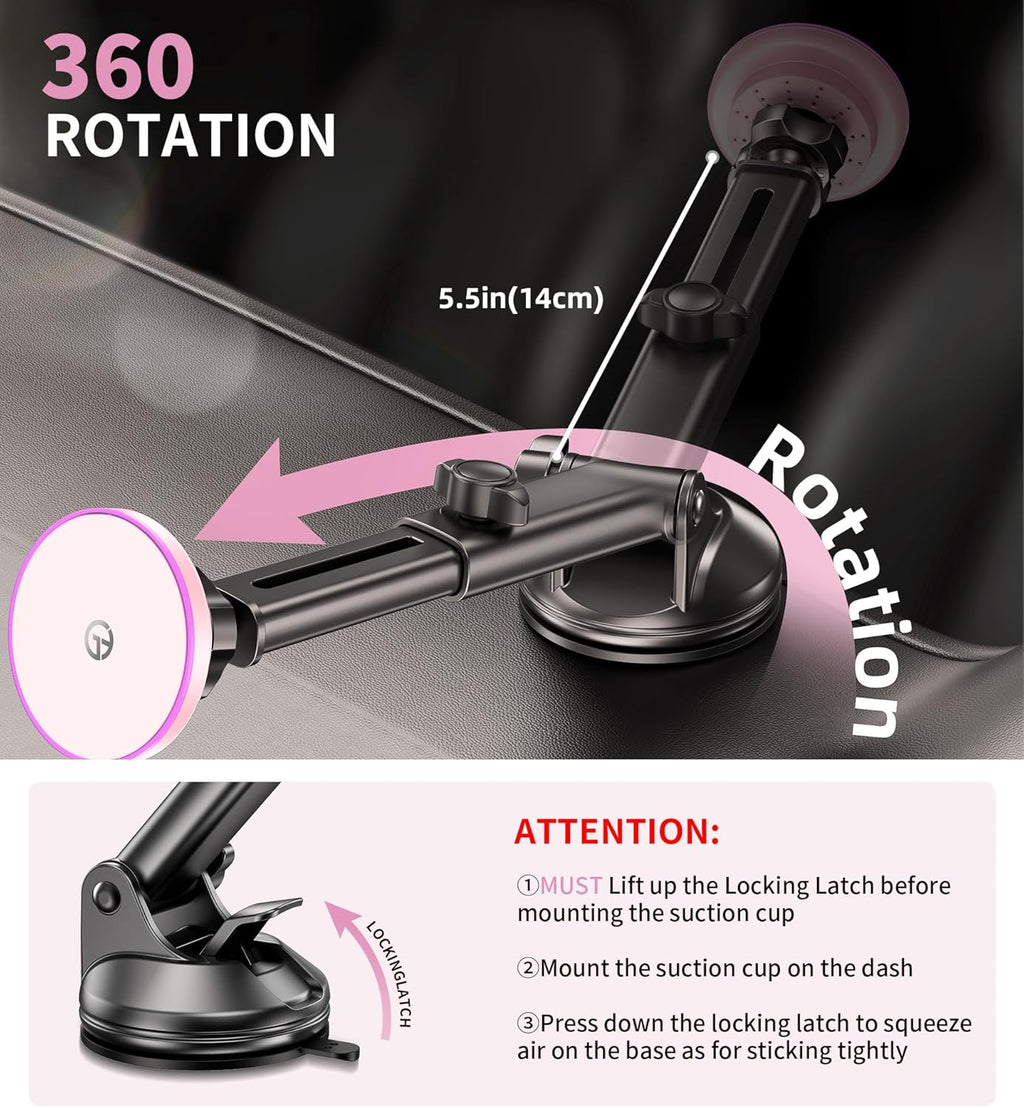 for MagSafe Car Mount Charger Dash/Windshield/Vent Wireless Car Charger with [LED Light], Strong Magnetic Phone Holder for Car for iPhone 16 15 14 13 12 Series, Fit MagSafe Accessories (Pink)