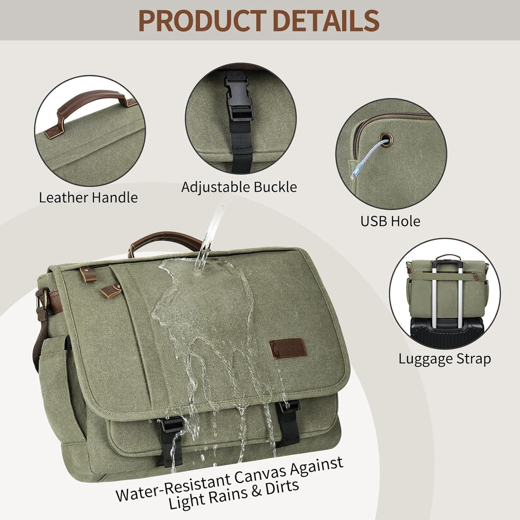ESTARER Men's Messenger Bag 17.3 Inch, Water-resistant Canvas Laptop Bag, Computer Shoulder Bag for College Travel Work, Army Green