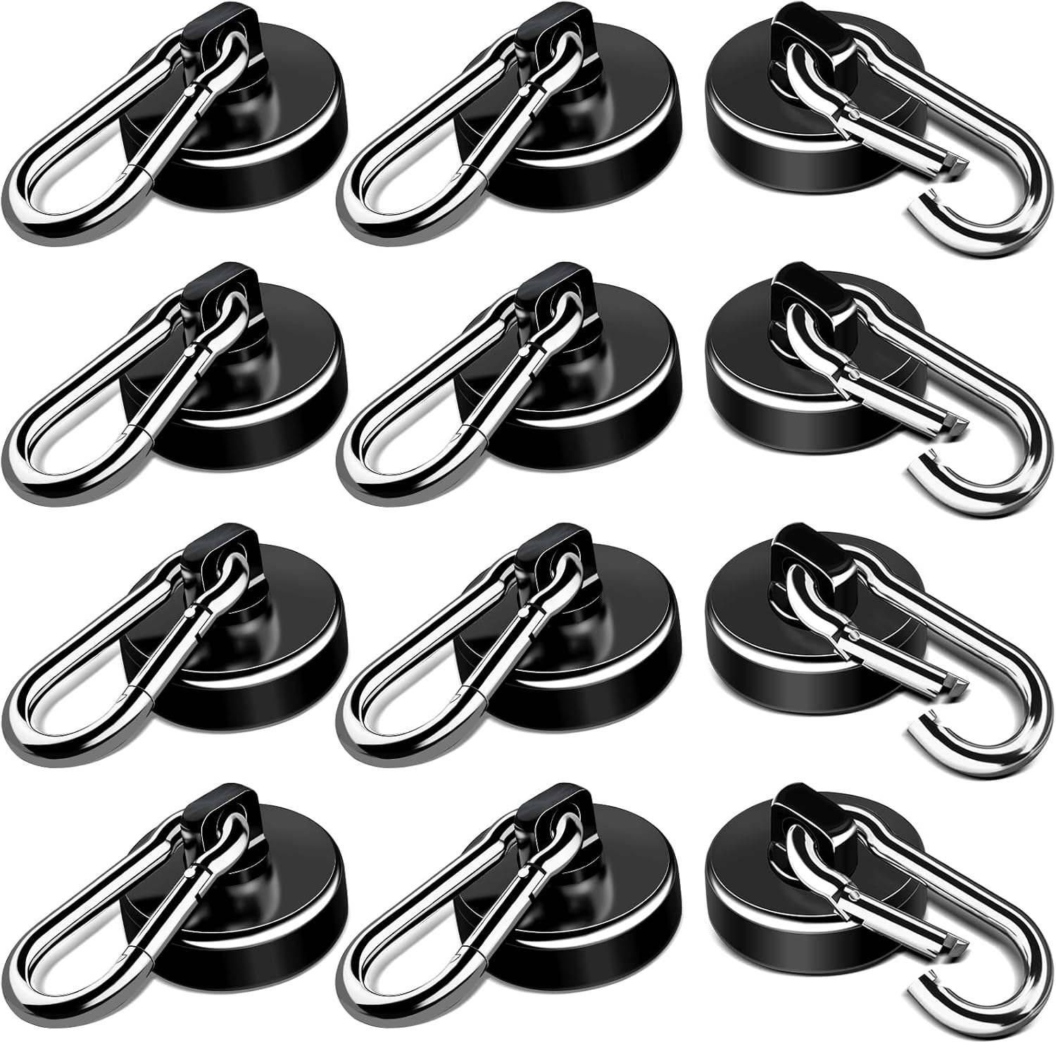 LOVIMAG Strong Magnetic Hooks, 70LBS Magnetic Hooks Heavy Duty Strong Neodymium Magnets with Carabiner Hook, Magnet Hooks with Swivel for Kitchen, Hanging, Cruise, Grill, Refrigerator - 12 Pack Black