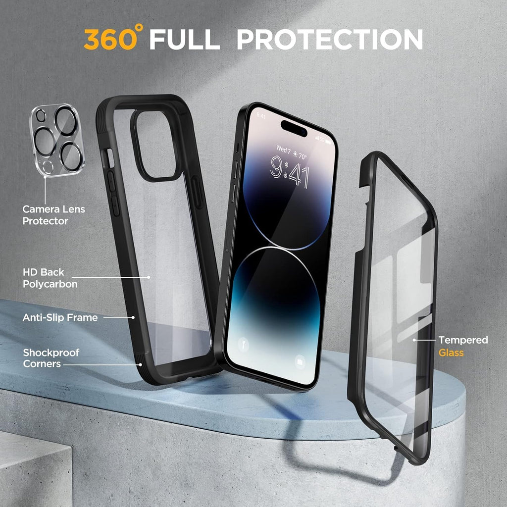 Miracase Glass Series Designed for iPhone 14 Pro Max Case 6.7 Inch, Upgrade Full-Body Bumper Case with Built-in 9H Tempered Glass Screen Protector with Camera Lens Protector, Black