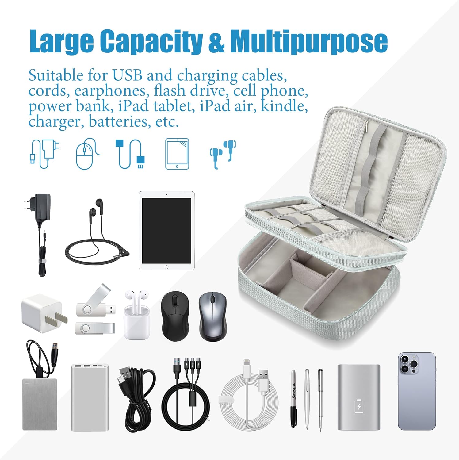 SELLYFELLY Electronics Travel Organizer, Double Layer Cable Organizer Bag Watreproof Electronics Accessories Storage Bag for Cord, Charger, Phone, Power Bank, Hard Drive