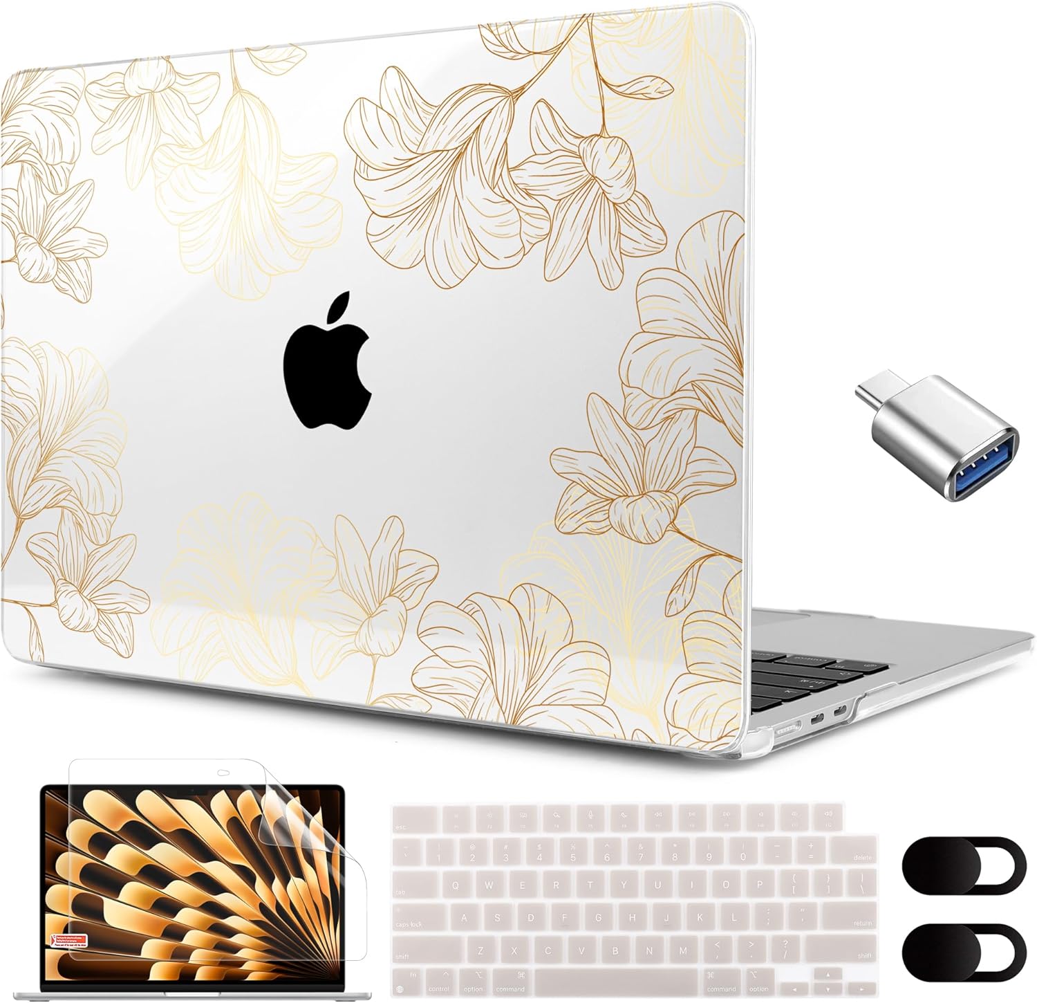 MEEgoodo for M4/M3/M2 MacBook Air 15.3 inch Case 2025 2024 2023, Case Fit Model (A3241/A3114/A2941) for MacBook Air 15 inch, Laptop Hard Shell with Keyboard Cover, Drawn Golden Floral