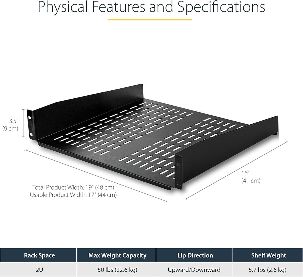 StarTech.com 2U Server Rack Shelf - Universal Vented Rack Mount Cantilever Tray for 19" Network Equipment Rack & Cabinet - Heavy Duty Steel - Weight Capacity 50lb/23kg - 16" Deep Shelf, TAA