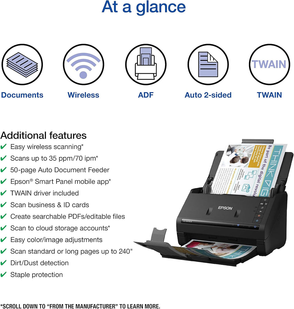 Epson Workforce ES-500W II Wireless Color Duplex Desktop Document Scanner for PC and Mac, with Auto Document Feeder (ADF) and Scan from Smartphone or Tablet (Renewed)