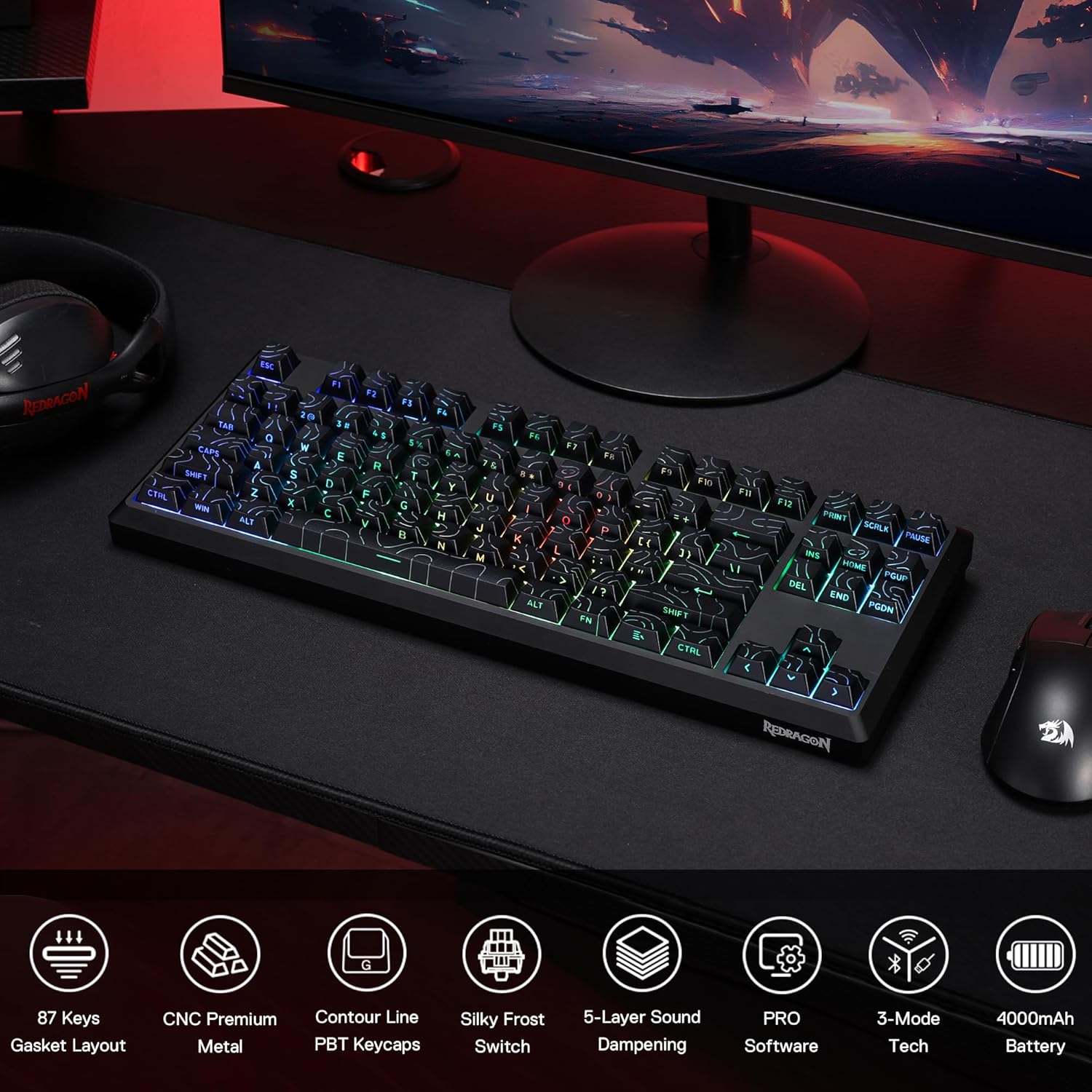 Redragon K737 PRO Wireless 87 Keys Gasket Gaming Keyboard, 80% Premium CNC Aluminum Mechanical Keyboard, Hot-Swap South-Facing LED Socket, 5-Layer Noise Dampening, Side-Printed PBT Contour Line Keycap