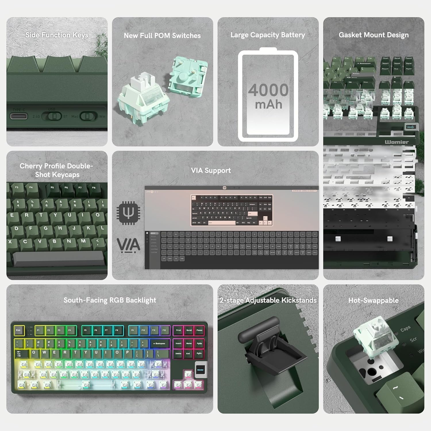 QK87 75% Keyboard with Multimedia Screen, QMK/VIA Wireless Gaming Keyboard, Creamy Mechanical Key Board,3-Mode RGB Custom Gasket Hot Swappable for Windows&Mac, POM Linear Switch-Gray Green