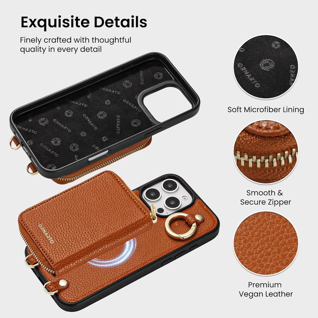 ORNARTO Magnetic Detachable Wallet Case for iPhone 16 Pro Max, [Compatible with MagSafe], Crossbody Wallet Case with Card Holder Wrist Strap, RFID Blocking PU Leather Wallet Phone Cover 6.9", Brown