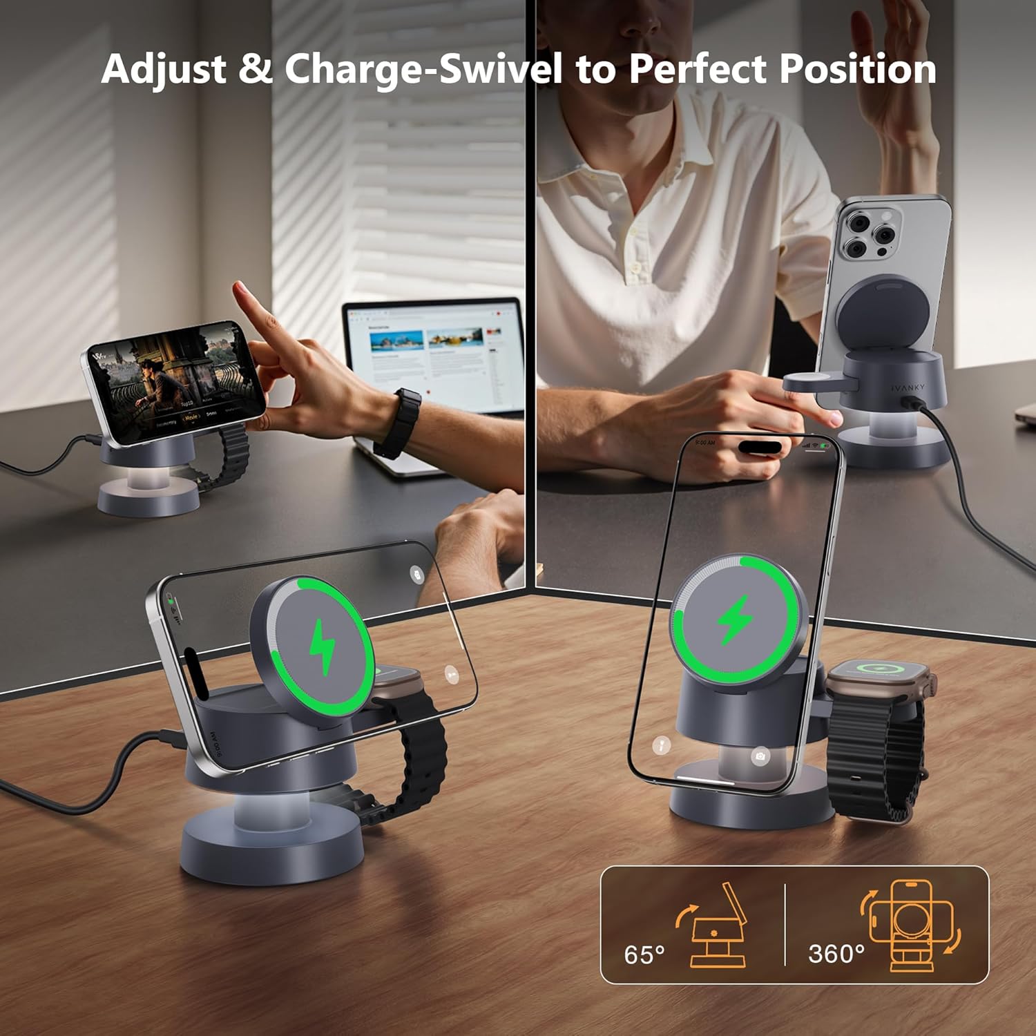 iVANKY 15W Fast 4 in 1 Wireless Charging Station with Mushroom Light for MagSafe Magnetic Charger, 22.5W Travel Stand, 3 in 1 Charge for iPhone 17 16 15 to X Pro Max Plus Air, Apple iWatch, Airpods