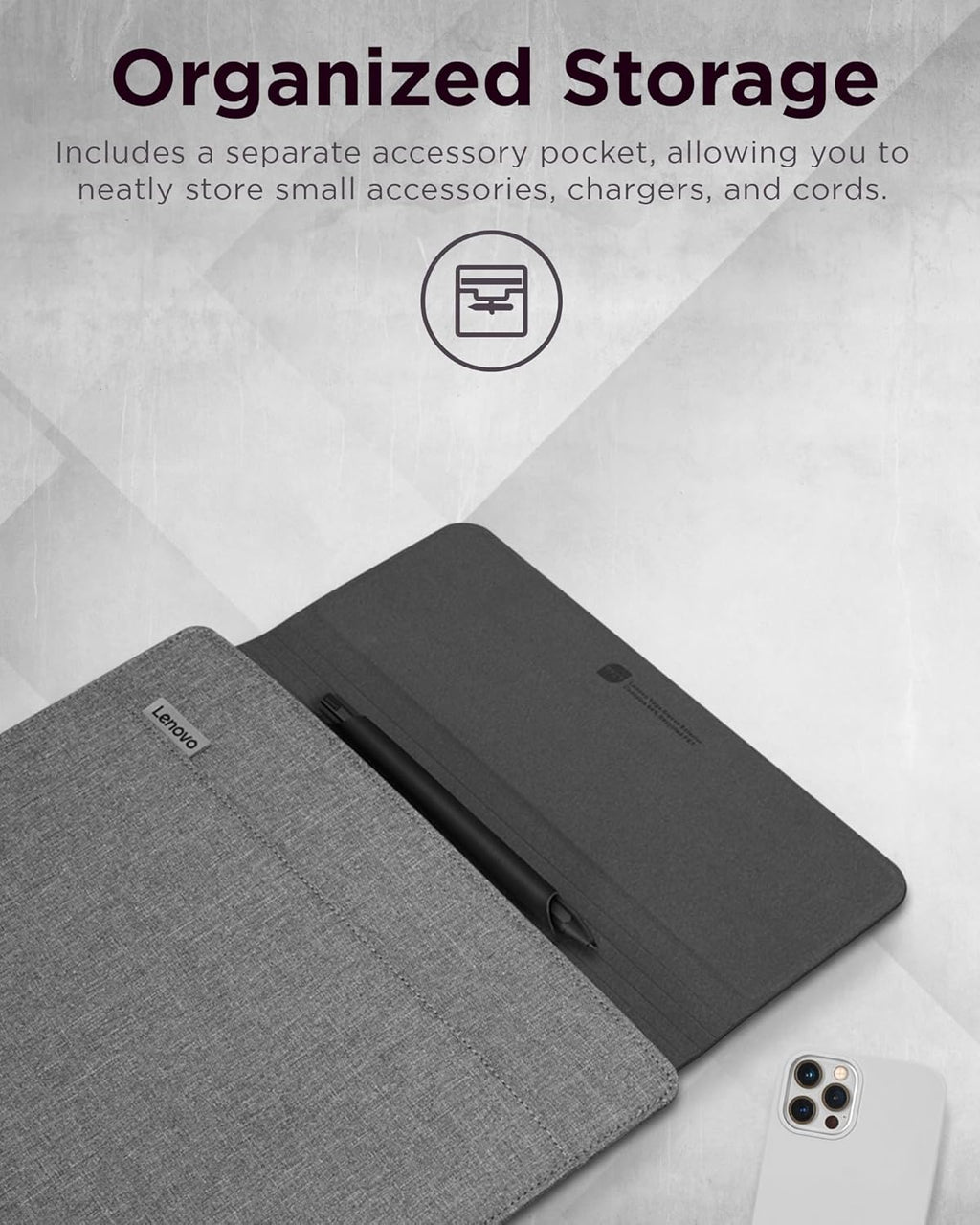 Lenovo Slim Laptop Sleeve 16 Inch Notebook/Tablet - Compatible with MacBook Air/Pro - Eco-Friendly Lightweight Case with Accessory Pocket & Magnetic Closure - Grey
