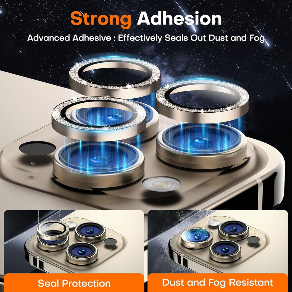 Camera Lens Protector for iPhone 16 Pro Max/16 Pro/15 Pro Max/15 Pro/14 Pro Max/14 Pro, Sapphire Glass Metal Individual Camera Cover Screen, Anti-drop, Case Friendly- Glitter Natural Titanium
