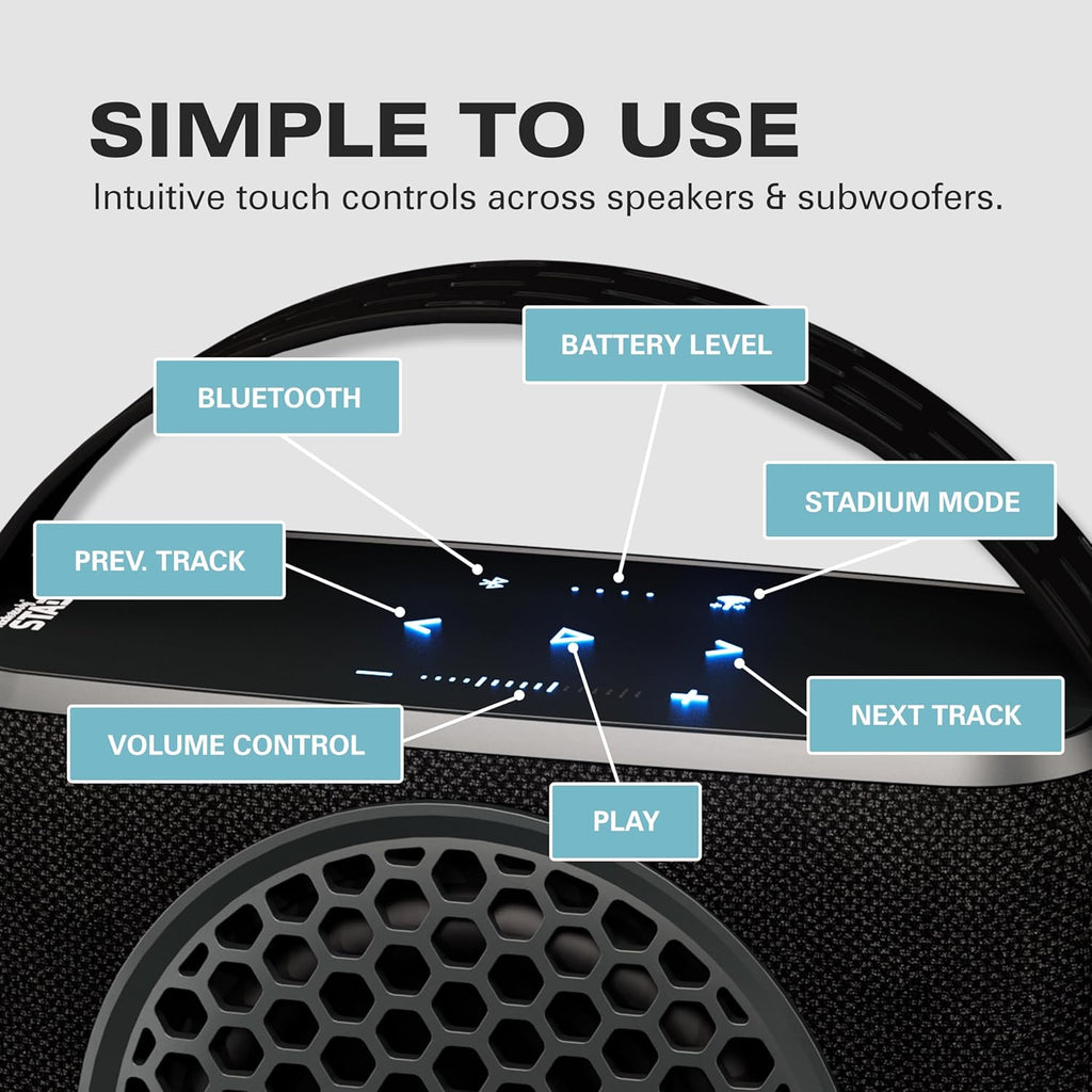 Rocksteady Stadium 2: Four Speakers and One Subwoofer Bundle - Immersive, connectible, and up to 150 ft of Range. Up to 30 Hours of Battery Life.