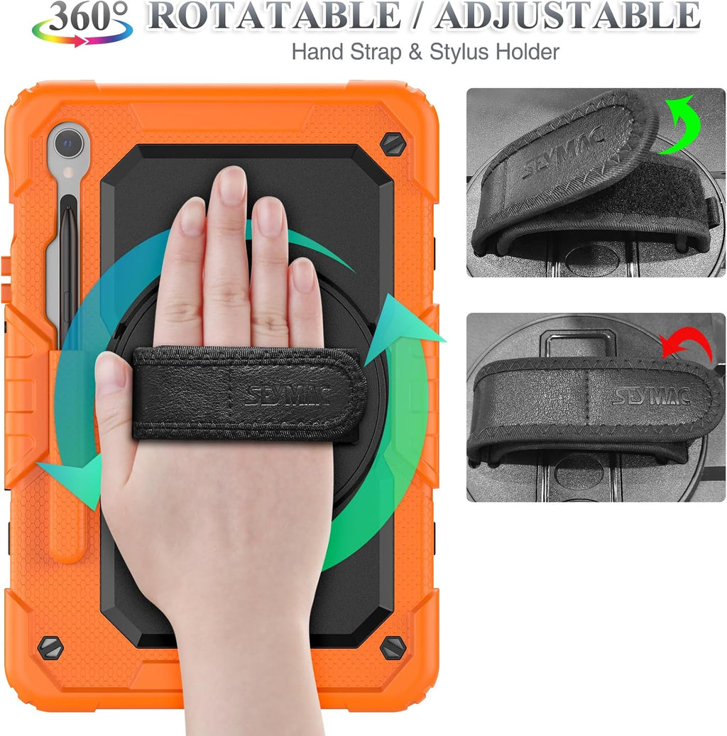 SEYMAC stock Case for Samsung Galaxy Tab S10 FE / S9 / S9 FE 5G Tablet Case Protective with Screen Protector, Pencil Holder, 360 Rotate Stand, Hand Strap, Shoulder Strap, Orange1