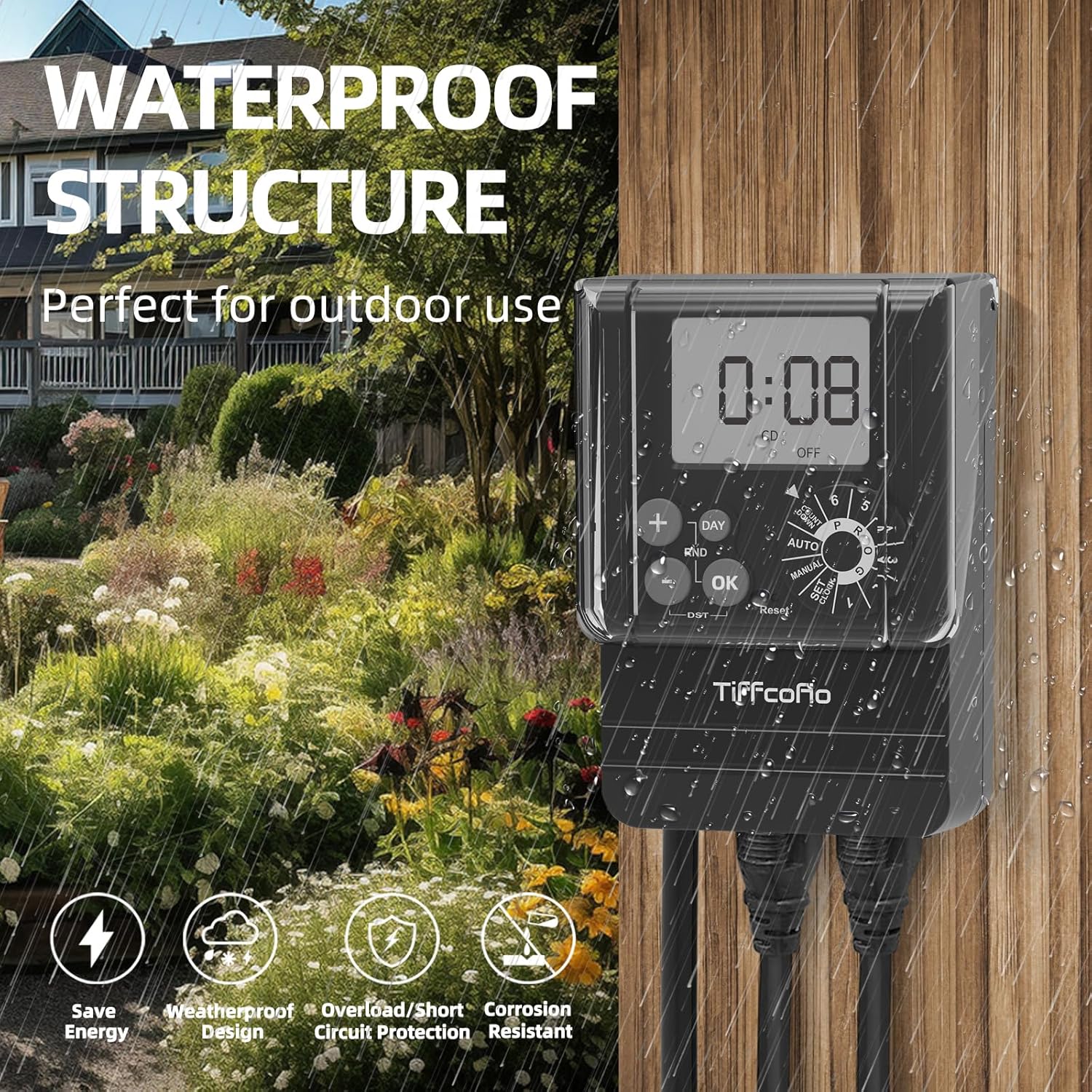 TiFFCOFiO New Digital Outdoor Timer Waterproof, Dial Programmable Method, Outdoor Light Timer with 2FT Extension Cord, 2 Grounded Electrical Outlets for Lights, 6 Sets of Programs, 20A/2500W