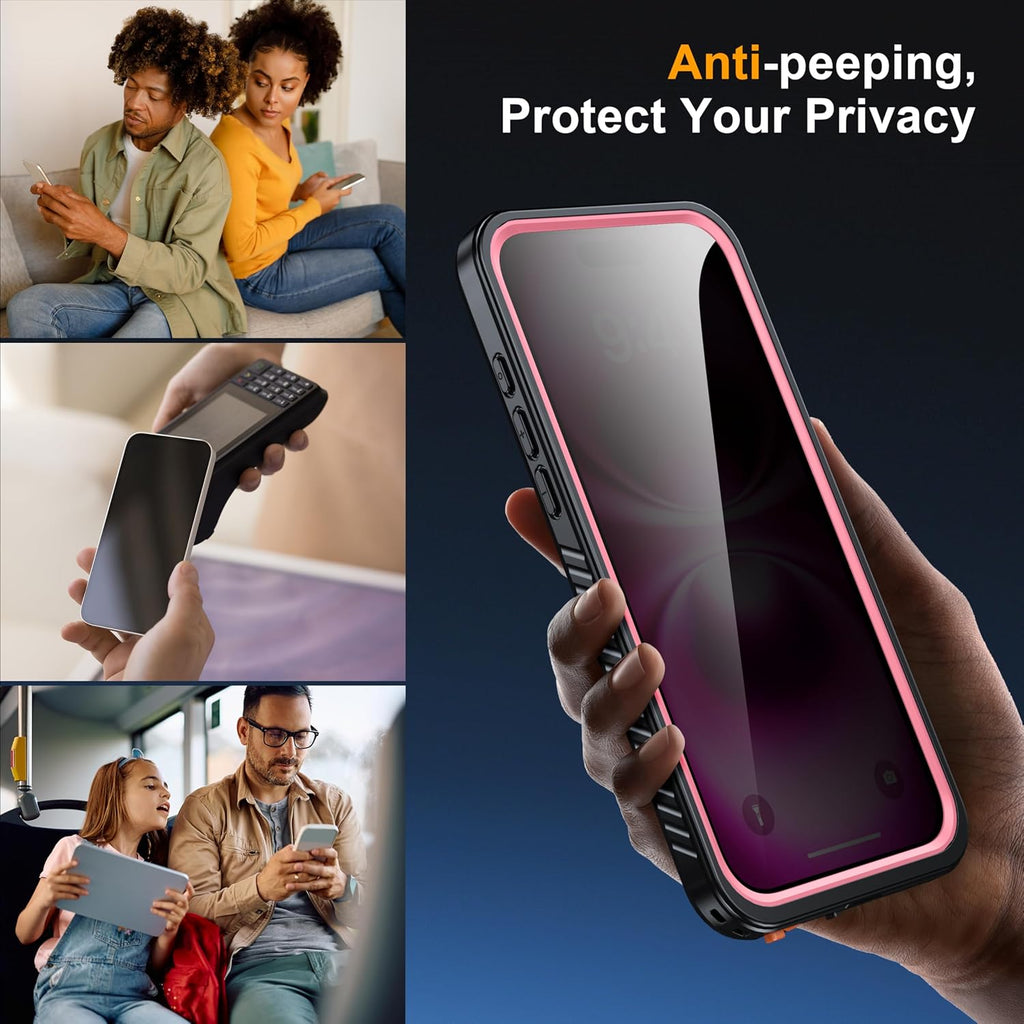 for iPhone 16 Pro Max Case Waterproof, Built-in Privacy Screen & HD Screen Double Front Frame [IP68 Underwater] Shockproof Dustproof Full Body Protection iPhone 16 Pro Max Phone Case Pink