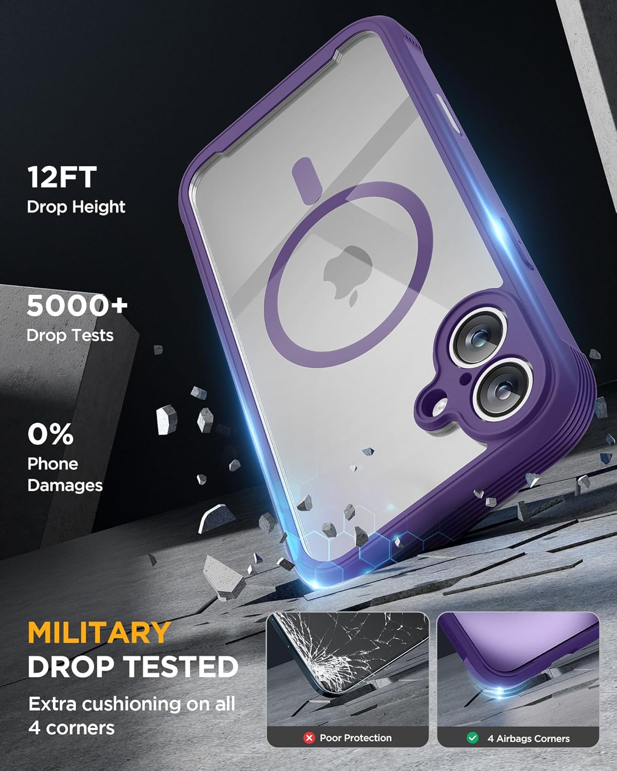 Miracase Magnetic for iPhone 16 Plus Case Full-Body Phone with Built-in Glass Screen Protector, [Compatible with MagSafe] Military Drop Proof 16 Plus Cover 6.7 inch, Purple