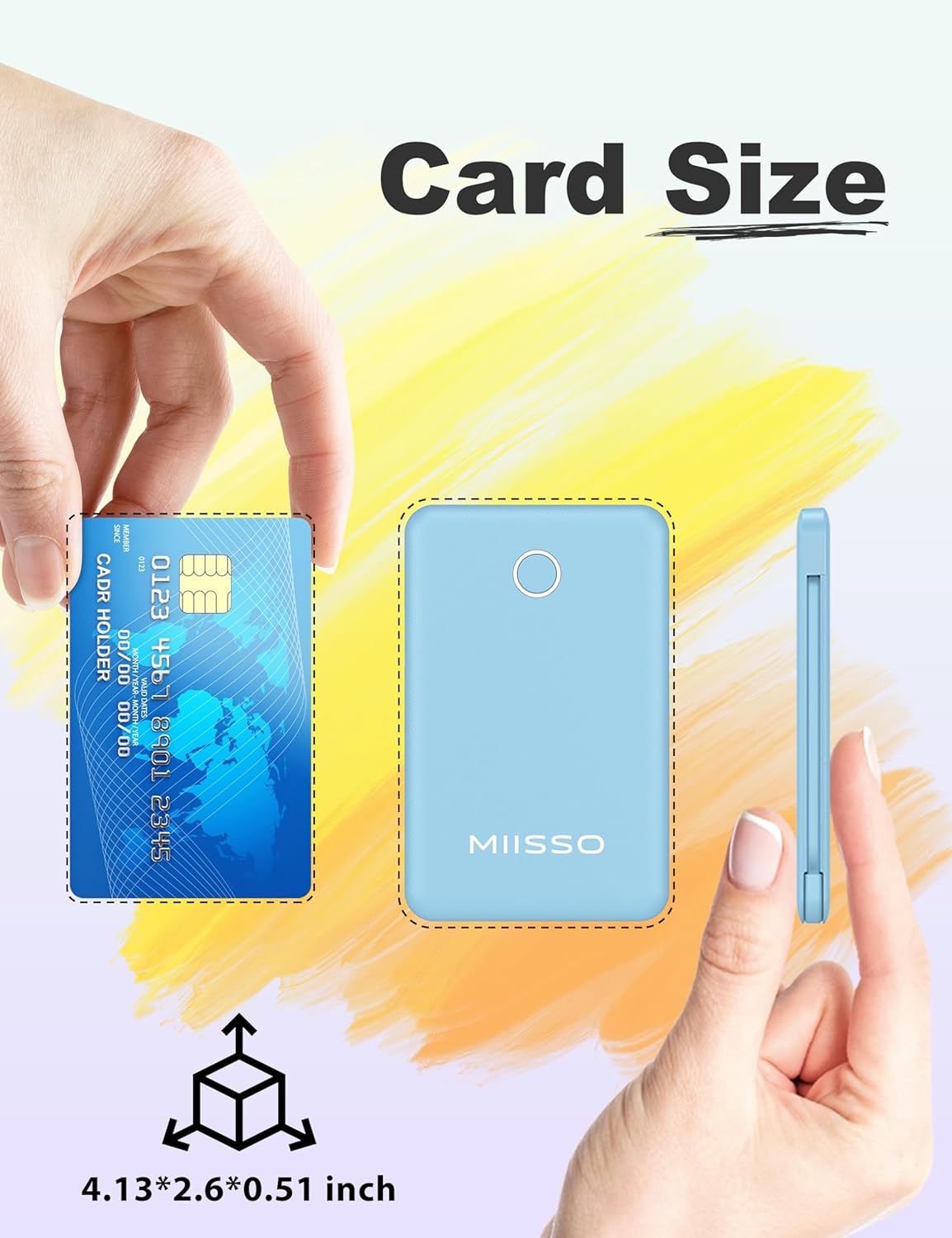 6000mah Ultra Slim Built in Cables Power Bank, Card Size Built in USB C Cords Battery Pack Portable Charger for Phones, 3 Output External Battery Pack Compatible with iPhone, Samsung, Google, Blue