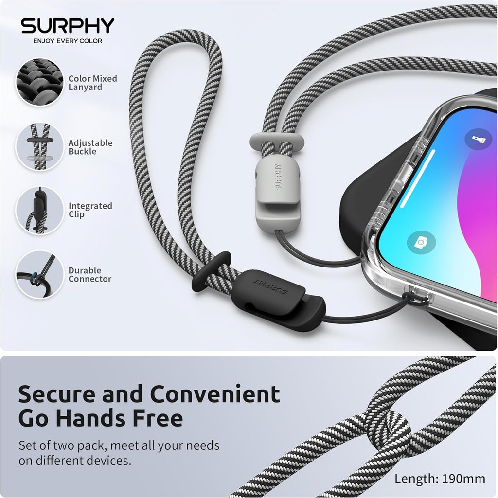 SURPHY 2 Pack Phone Lanyard for Cellphone Case, Phone Wrist Strap for Case, Cellphone Strap with 2-Color Braided, Charm Wrist Lanyard for Women and Men, Black & Gray
