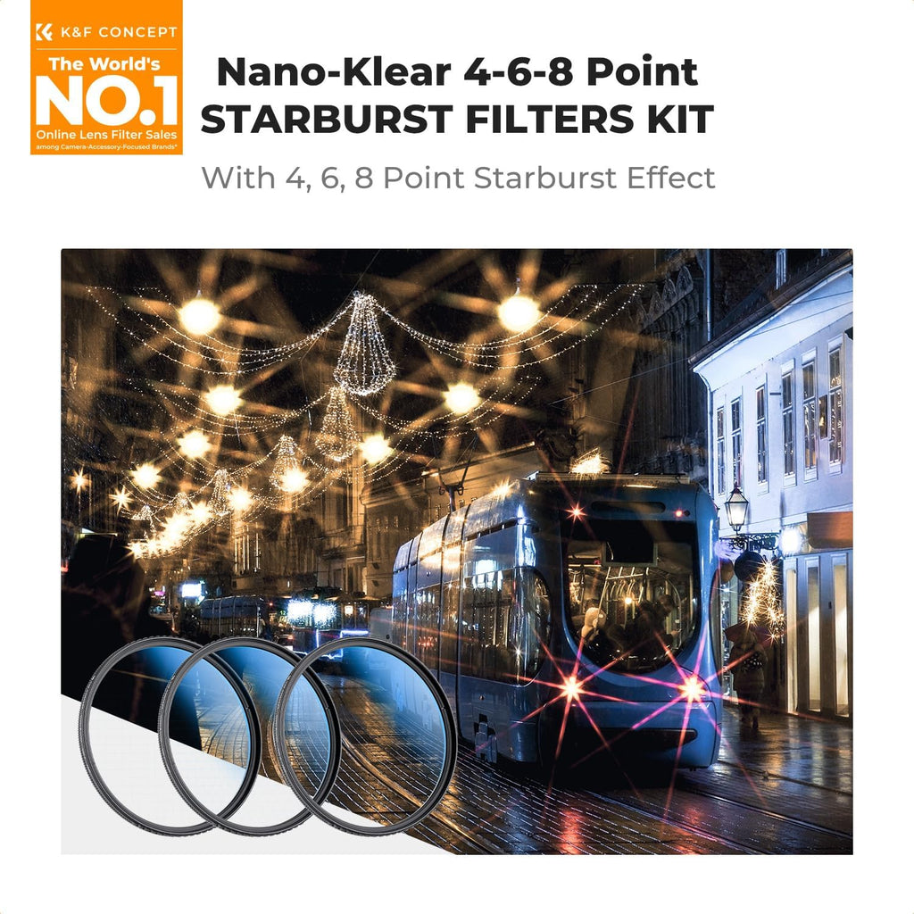 K&F CONCEPT 62mm Star Filters Kit (3pcs) 4 Points 6 Points 8 Points Cross Screen Starburst Filters Set -18 Layer Coating Ultra Slim Optical Glass Camera Lens Filter with 3 Cleaning Cloth