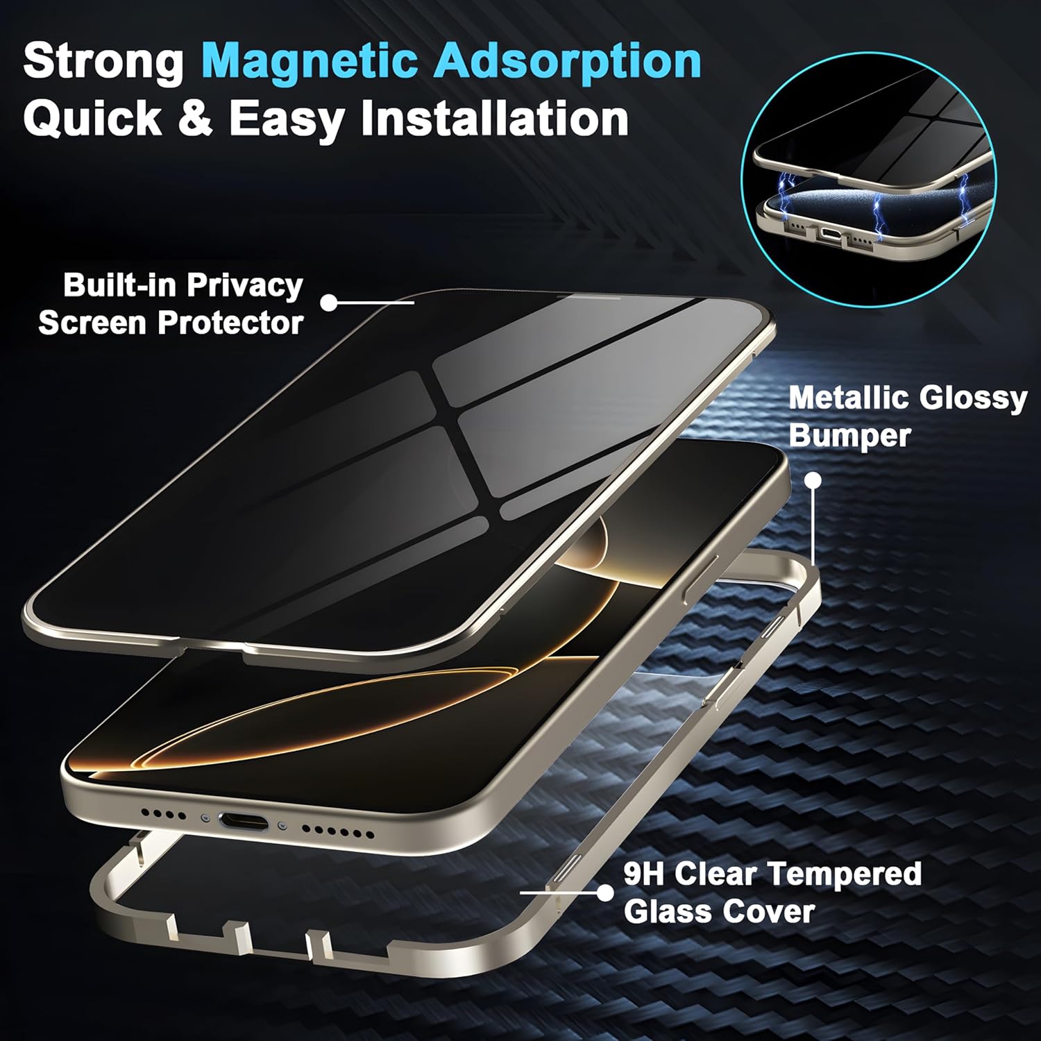 Privacy Magnetic Case for iPhone 16 with Metal Titanium Frame Privacy Screen Protector & Camera Lens Protector, Magnetic Adsorption Double Sided Tempered Glass Case Anti Peep Anti Spy Phone Cover