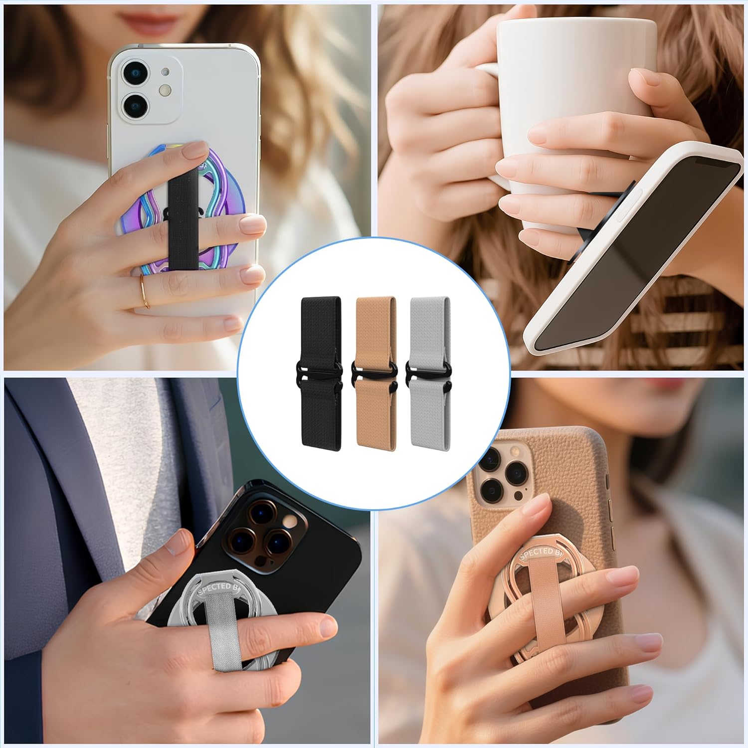 RESPECTED-BRO-Magnetic-Phone-Grip-Stand-with-Finger-Strap, 4-in-1 Magnetic Ring Holder, Kickstand and Elastic Strap for Smartphones, Universal Fit for iPhone, Android, and Cases (Black Elastic Strap)