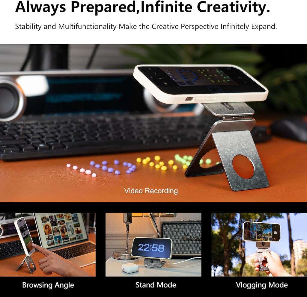 Phone Tripod Stand, Aluminum Alloy Mini Tripod Compatible with Magsafe iPhone 16/15/14/13/12 Series, Foldable Strong Magnetic Phone Stand, Mult-Angle Adjustment Selfie Stick (Mosaic Grey)