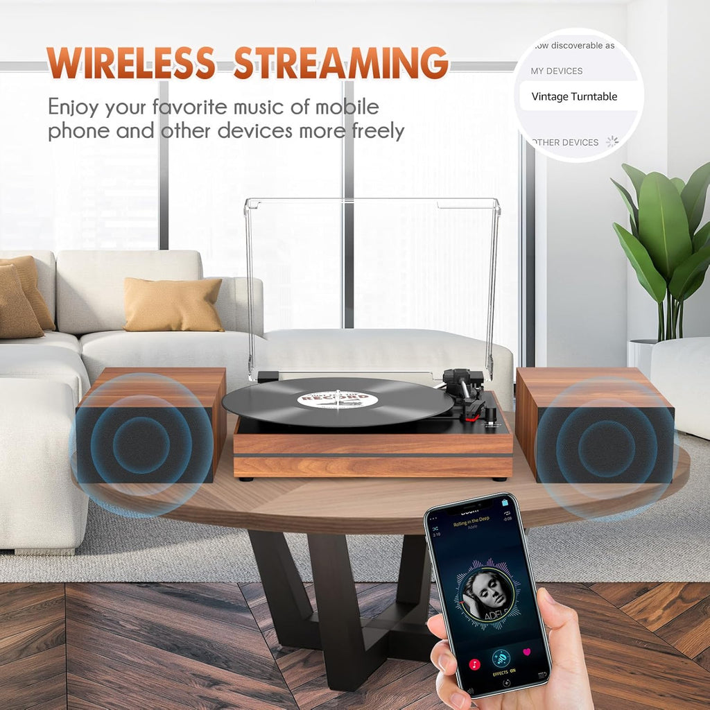 Vinyl Record Player with Speakers Vintage Turntable for Vinyls Records External Speakers Belt-Driven Turn Table Support 3-Speed Wireless Playback Headphone AUX-in LP Phonograph Audio Sound Wood Red
