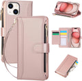 Compatible with iPhone 13/14 Wallet Phone Case-PU Leather Magnetic Flip Cover with Credit Card Slots,Zipper Pocket & Detachable Wrist Strap,Shockproof Design,for Women and Men-Pink