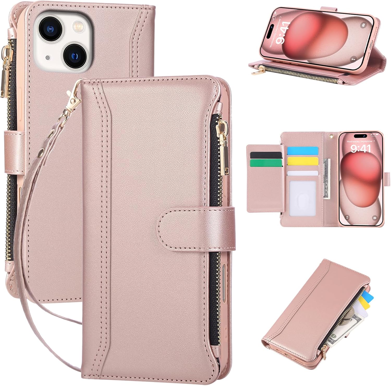 Compatible with iPhone 13/14 Wallet Phone Case-PU Leather Magnetic Flip Cover with Credit Card Slots,Zipper Pocket & Detachable Wrist Strap,Shockproof Design,for Women and Men-Pink