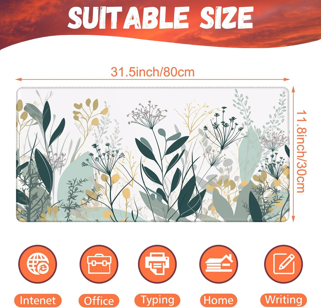 Desk Mat, Green Gold Plant Leaves Desk Pad, Wildflowers Large Gaming Mouse Pad for Desk, 31.5"x15.7" Extended Big Computer Keyboard Mouse Pad with Non-Slip Base and Stitched Edge