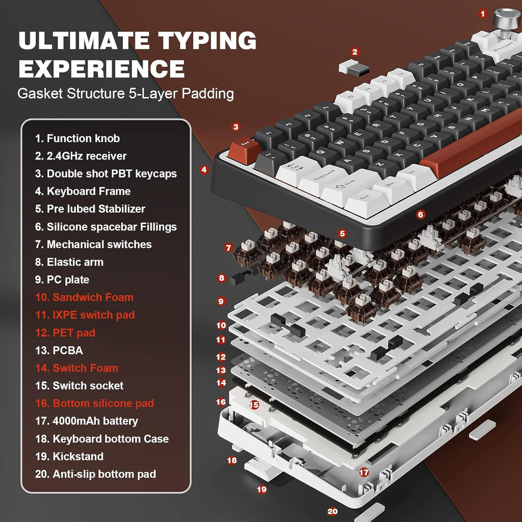 YUNZII B75 PRO Wireless Mechanical Keyboard,75% Layout with Knob,Hot Swap Gasket Custom Structure,Creamy Pre-lubed Switches,RGB Backlit,Bluetooth/Type-C/2.4G for Win/Mac(Cocoa Cream V2 Switch,Black)
