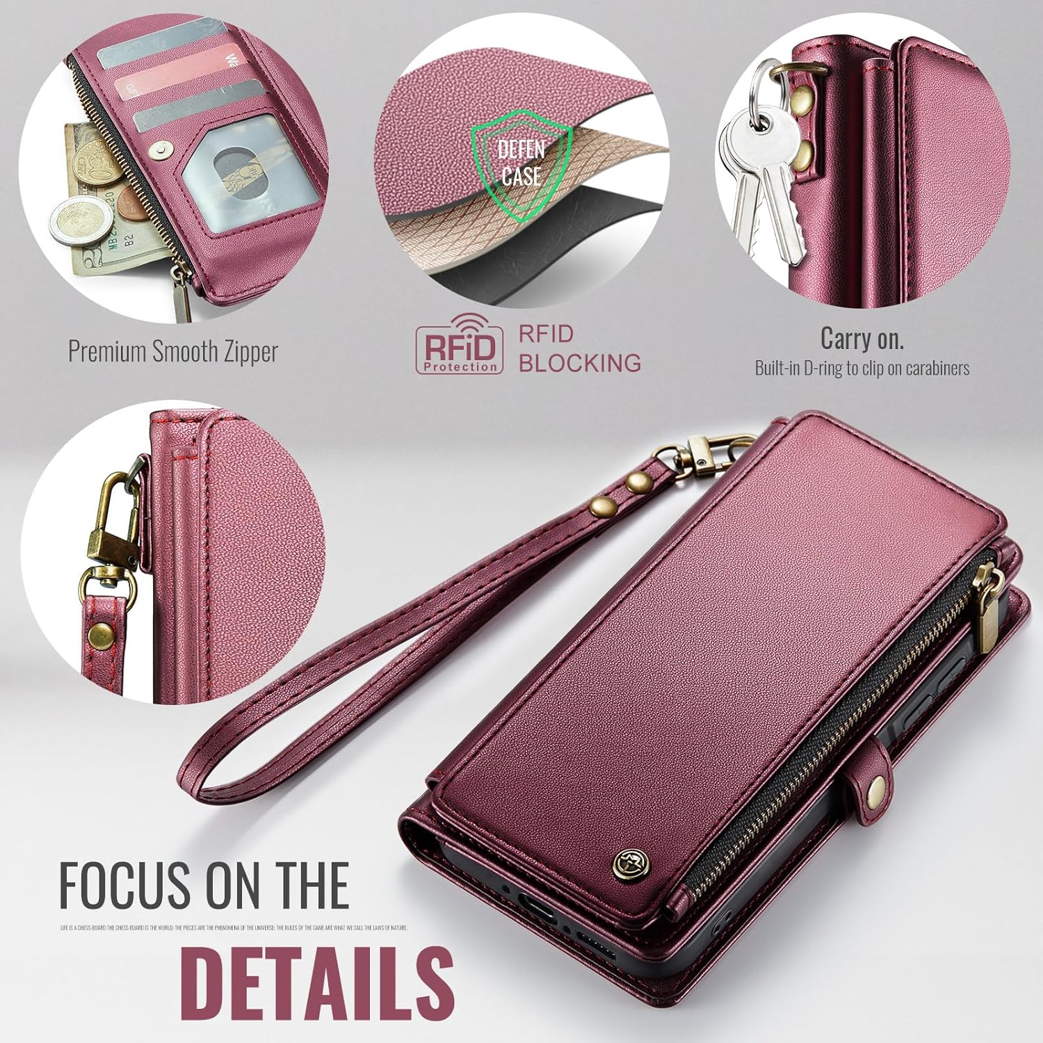 Defencase for Galaxy A26 5G Case Wallet with RFID Blocking Card Holder for Women Men, Fashion PU Leather Magnetic Snap Flip Zipper Wrist Strap Wallet Phone Case for Samsung Galaxy A26 5G, Wine Red
