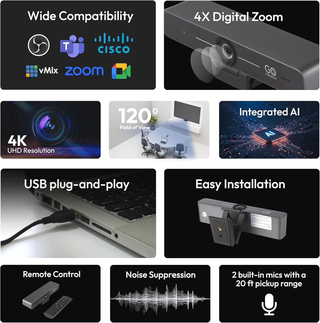 Smart 4K Compact Video Conference Camera – Ultra HD 120° Wide Lens, AI Auto-Framing, Noise-Cancelling Mics, 20ft Pickup, Plug-and-Play USB for All Video Conference Platforms – Small Rooms