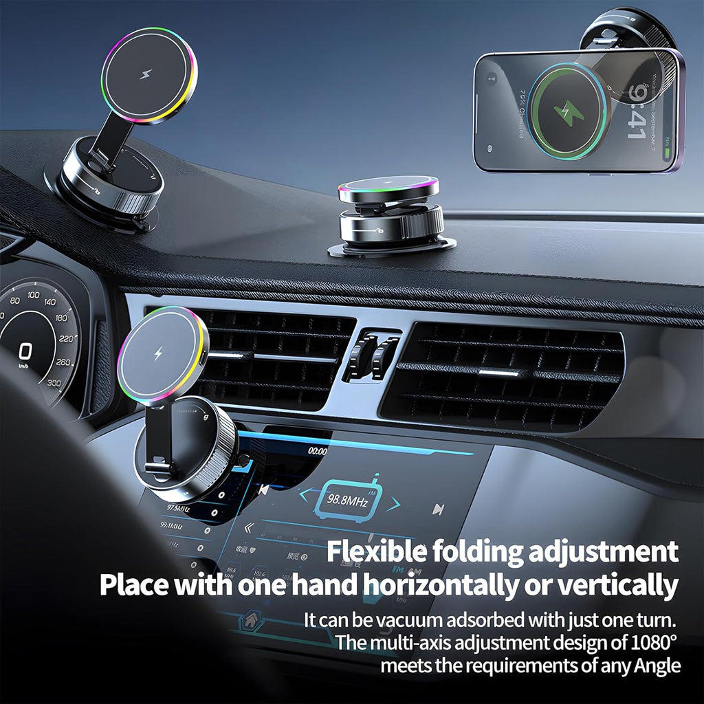 Wireless Charger Car Phone Holder for Magsafe,360°Adjustable Vacuum Magnetic Phone Holder,Nano Gel Suction Cup/RGB Light Suction Cup Mount for Non Smooth Surfaces Compatible iPhone&Android