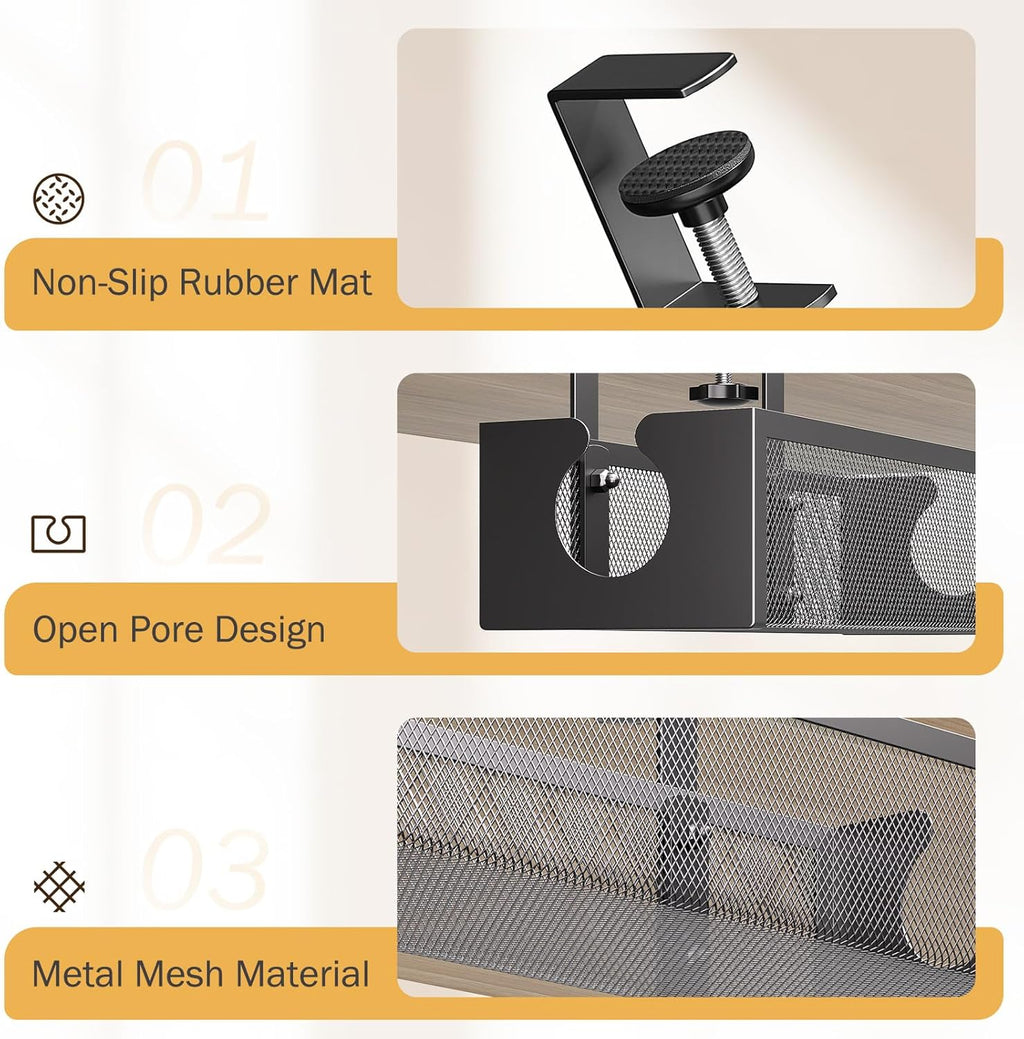 DELAMU Under Desk Cable Management Tray, No Drill Metal Mesh Cable Management Under Desk with F-Clamp Mount & 2 Open Holes, Cord Organizer for Home Office, 1 Pack, Black