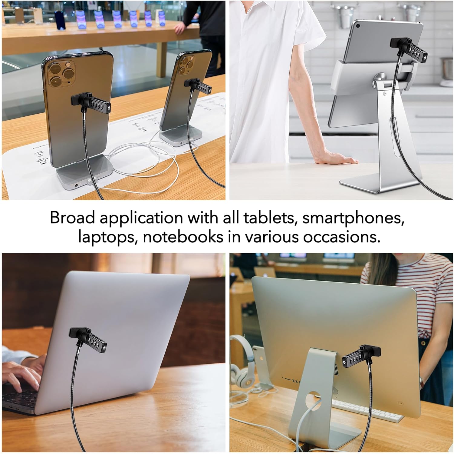 AboveTEK iPad Lock Security Cable w/Adhesive Plates, 6Ft Keyless 4 Digit Combination Tablet Lock Kit, Anti-Theft Hardware Locking Cable for iPhone Cell Phone MacBook Laptop in Showroom Retail Store