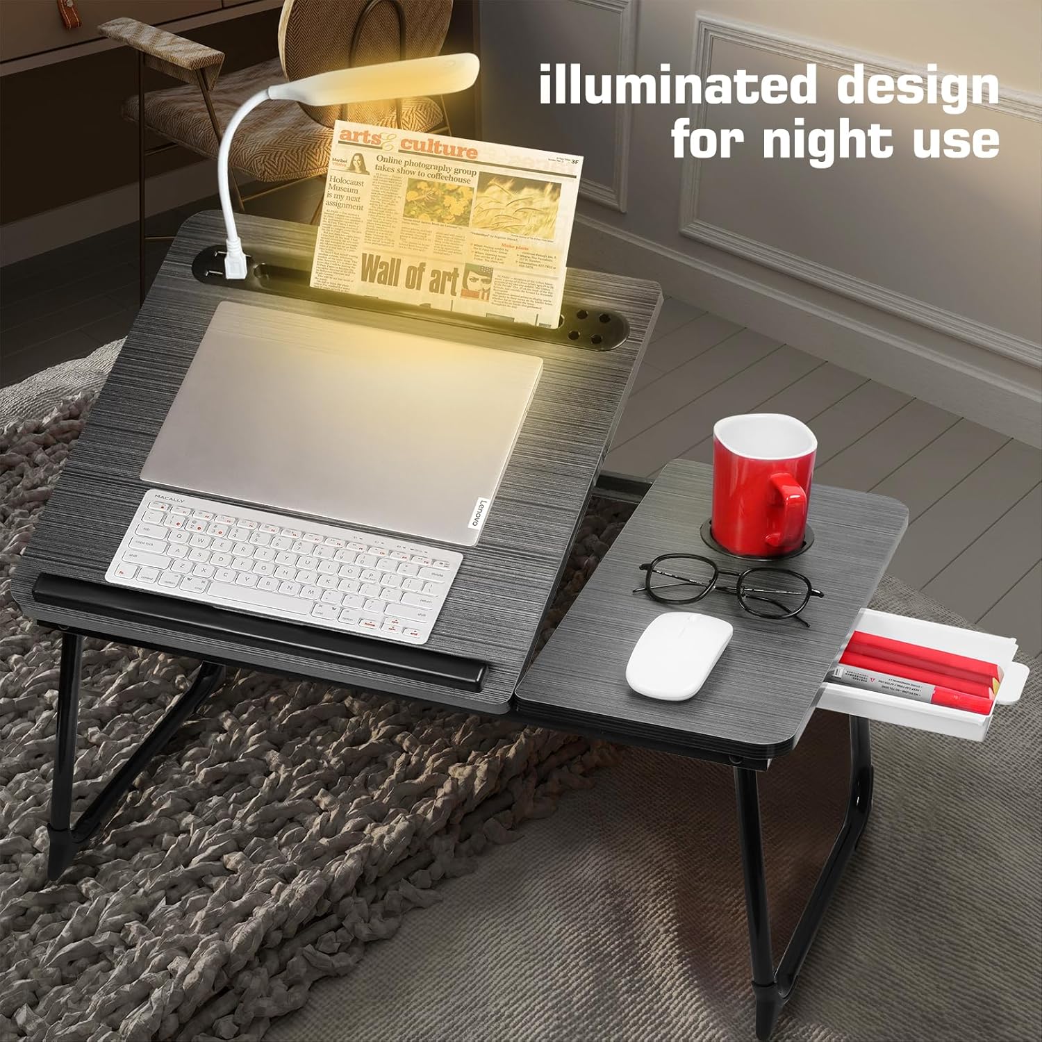 CloudTrip Plus XL Adjustable Laptop Desk with Light, USB Port, iPad Holder, Drawer Storage - Larger 23.6IN Adjustable Lap Desk for Bed, Home Office, Breakfast Tray, Fordable Legs Desk (Black)