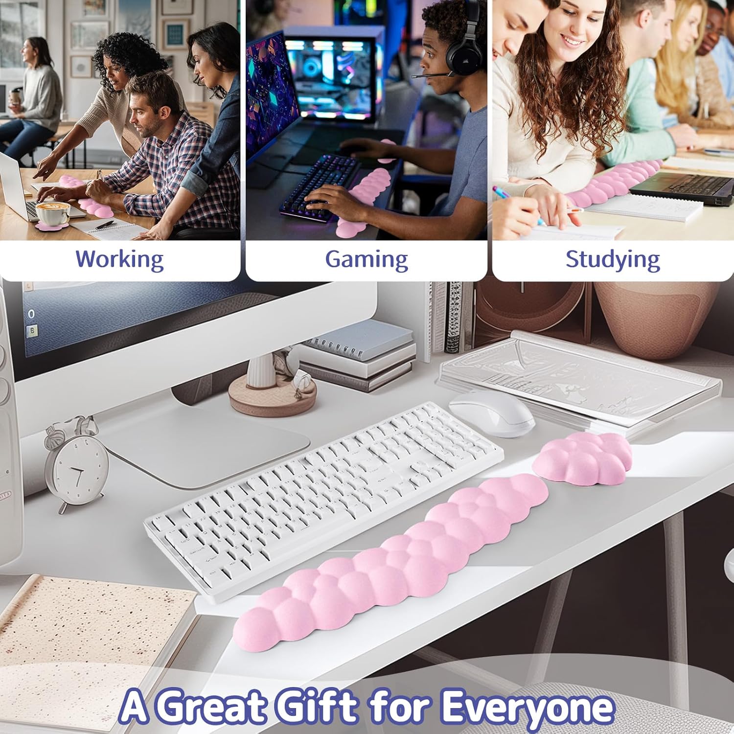 Cloud Wrist Rest for Keyboard and Mouse, Memory Foam PU Leather Keyboard Wrist Rest with Ergonomic Support, Non-Slip Base, Cute Arm Rest Pad & Palm Cushion, Office Desk Accessory, Pink