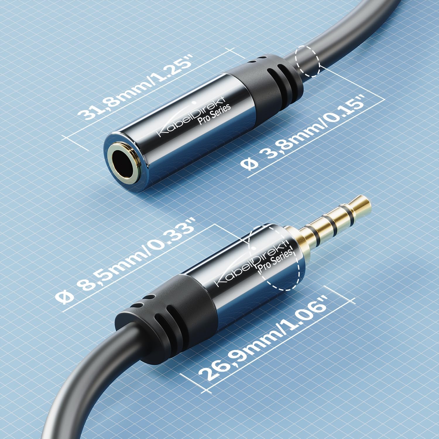 KabelDirekt – Headset Extension Cable – 1ft – Headphone Extension Cord with Break-Proof Metal Plug for Gaming Headsets & Headphones with Microphone, TRRS, 4-Pole, 3.5mm Male to Female