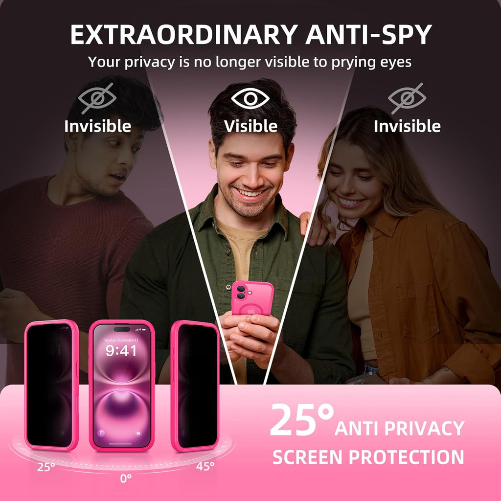 BERFY Magnetic for iPhone 16 Case, Compatible with MagSafe, Built-in Privacy Screen Protector and Upgraded Camera Protection, Anti-Spy Full Body Shockproof Phone Case for 16 6.1", Hot Pink