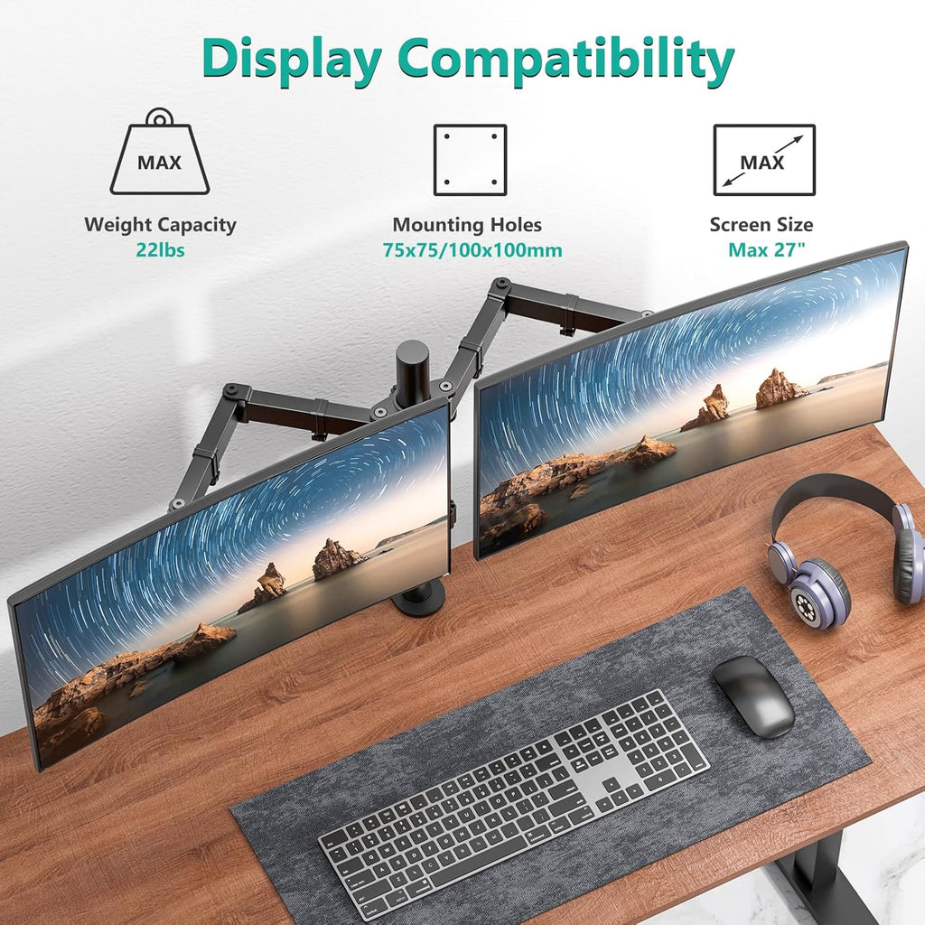 WALI Dual Monitor Stand for 13-27 inch Screens, Dual Monitor Mounts for 2 Monitors, 2 Monitor Desk Mount Holds up to 22 lbs, Height Adjustable Swivel Tilt Rotation, 75x75/100x100mm (M002), Black