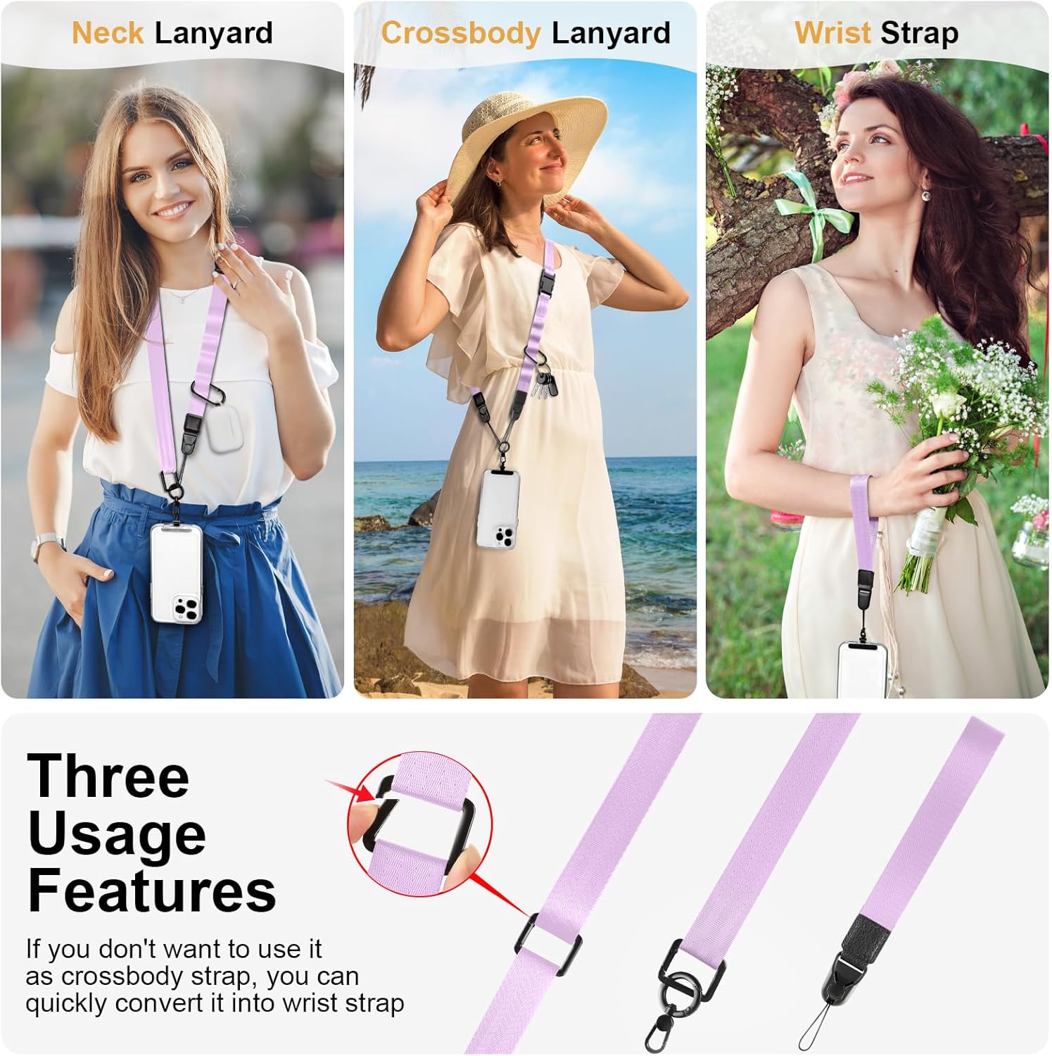 Adjustable Crossbody Phone Lanyard, Universal Phone Wrist Strap and Phone Neck Strap with Tether Tab, Phone Lanyard with Quick Release, Suitable for iPhone and Most Smartphones, Light Purple