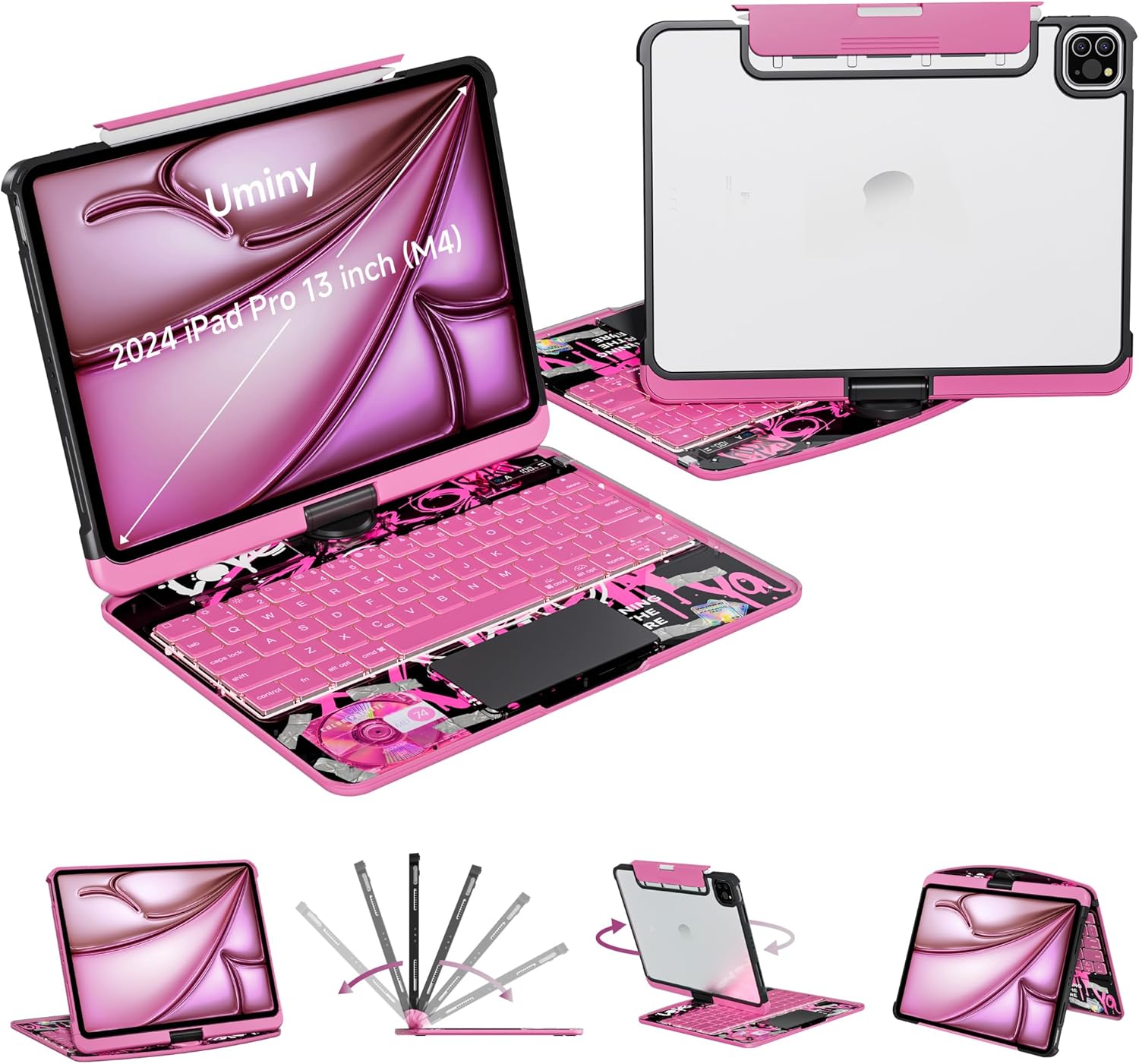 iPad Keyboard Case for 2024 M4 iPad Pro 13 inch, Magic Wireless Keyboard with Trackpad 7 Color Backlit, 360° Rotating Stand Transparent Protective Cover with Pencil Holder (Pink)