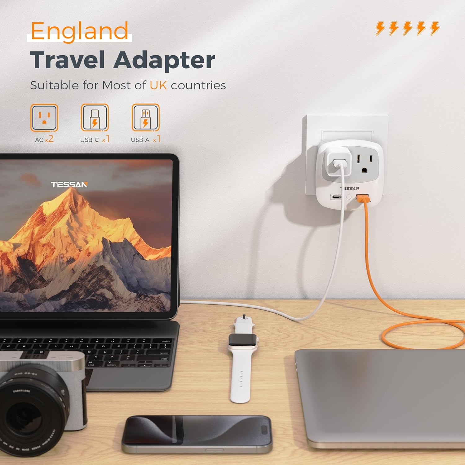 US to UK Plug Adapter, TESSAN Type G Travel Adaptor with 2 Electrical Outlets 2 USB Ports (1 USB C), Ireland Power Adapter for USA to England London Scotland British Dubai Kenya Hong Kong Qatar