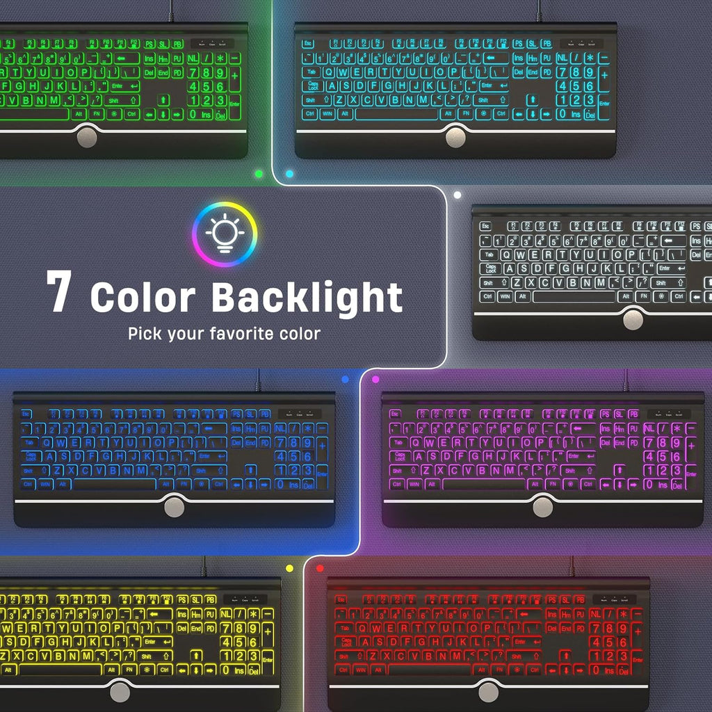 Large Print Backlit Computer Keyboard, USB Full Size Wired Keyboards with 7-Colors Backlight, Wrist Rest, Light Up Keyboard for Windows, PC, Laptop - Easy to See, Easy to Setup